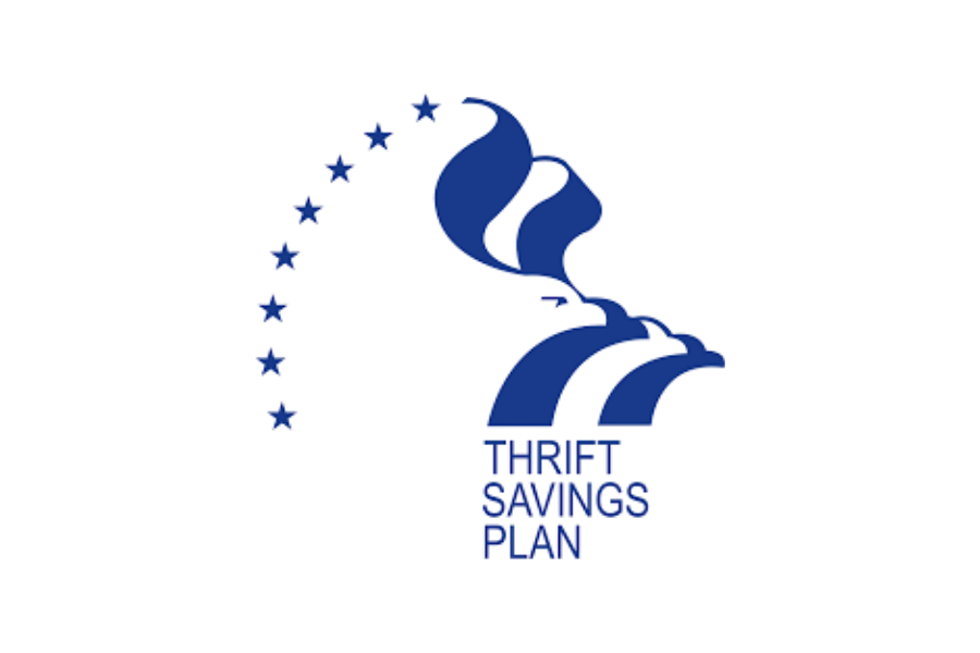 A blue logo with a stylized American eagle, 10 stars forming a semi-circle, and text that reads "Thrift Savings Plan."