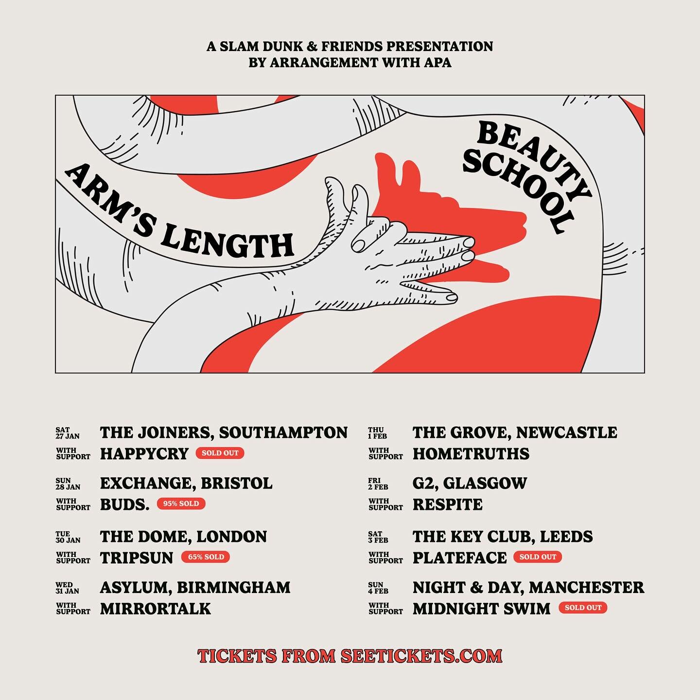 ⚔️ Heads up! @beautyschooluk and @armslengthblues are halfway through their UK co-headline tour! Leeds and Manchester are sold out but there&rsquo;s still a few tickets left for Newcastle and Glasgow! Not to be missed!
