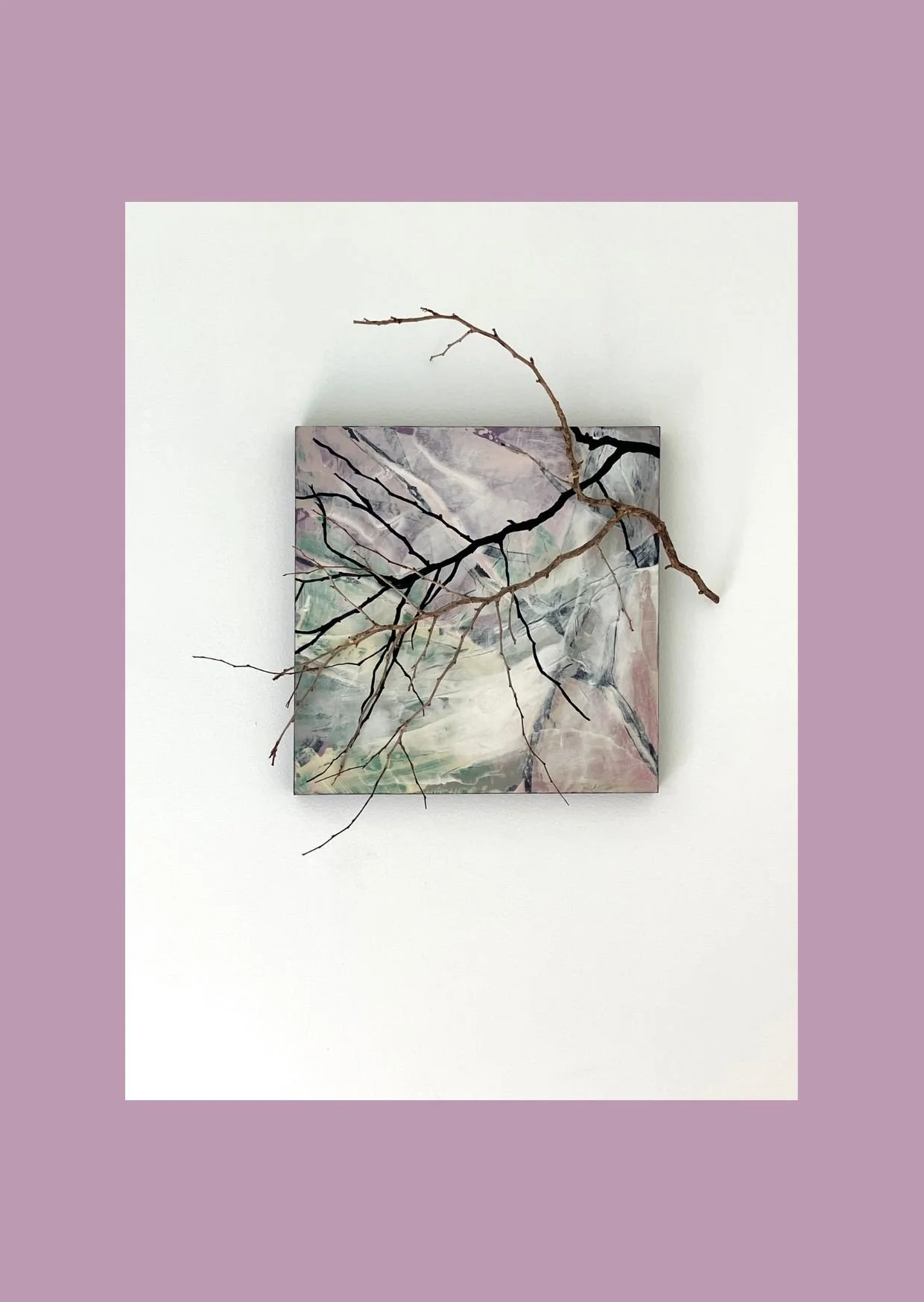 Painting in greens, pinks and whites with twig sewn on to the board and its shadow painted in black on to the painting.