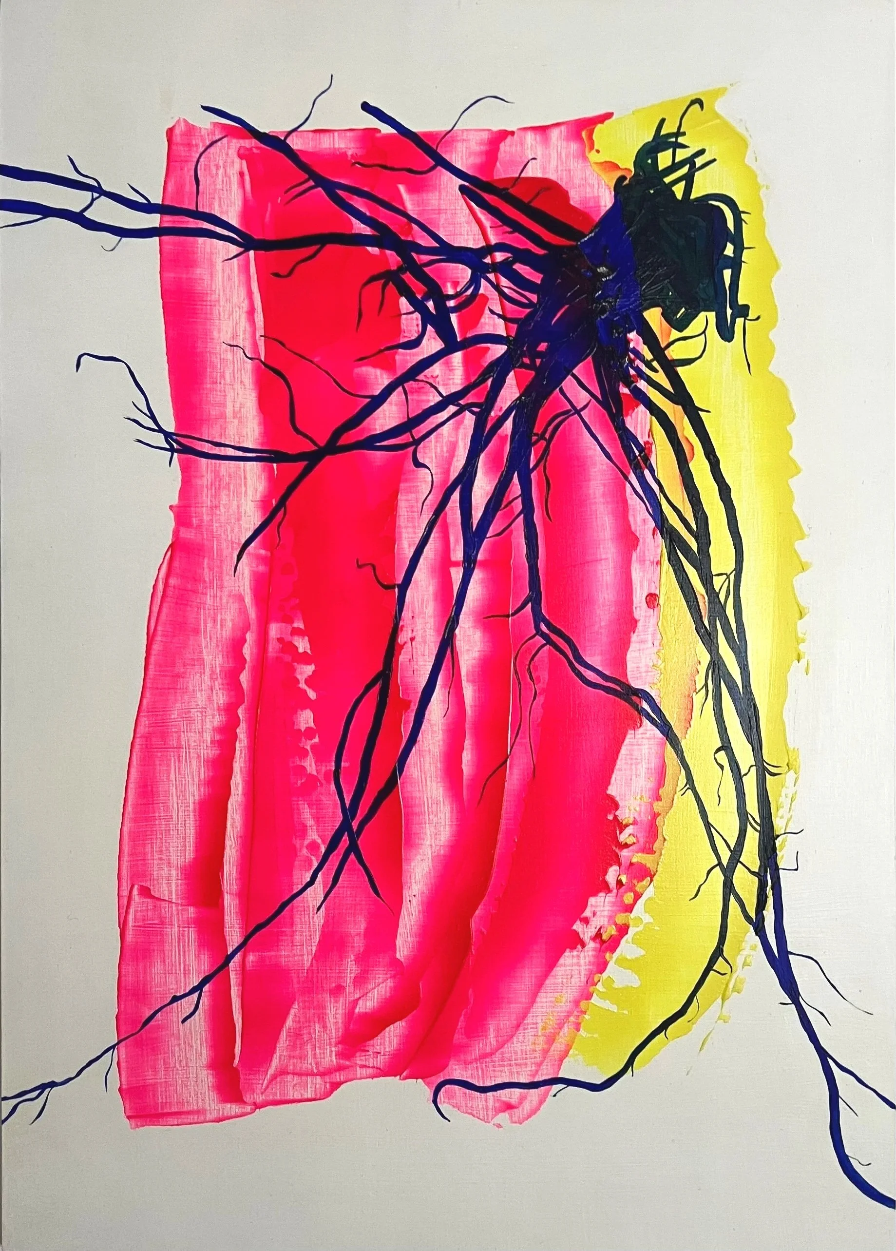 Bright pink and yellow paint blocks of paint in varying thickness with a dark blue painting of roots reaching across the painting on top of the coloured locks