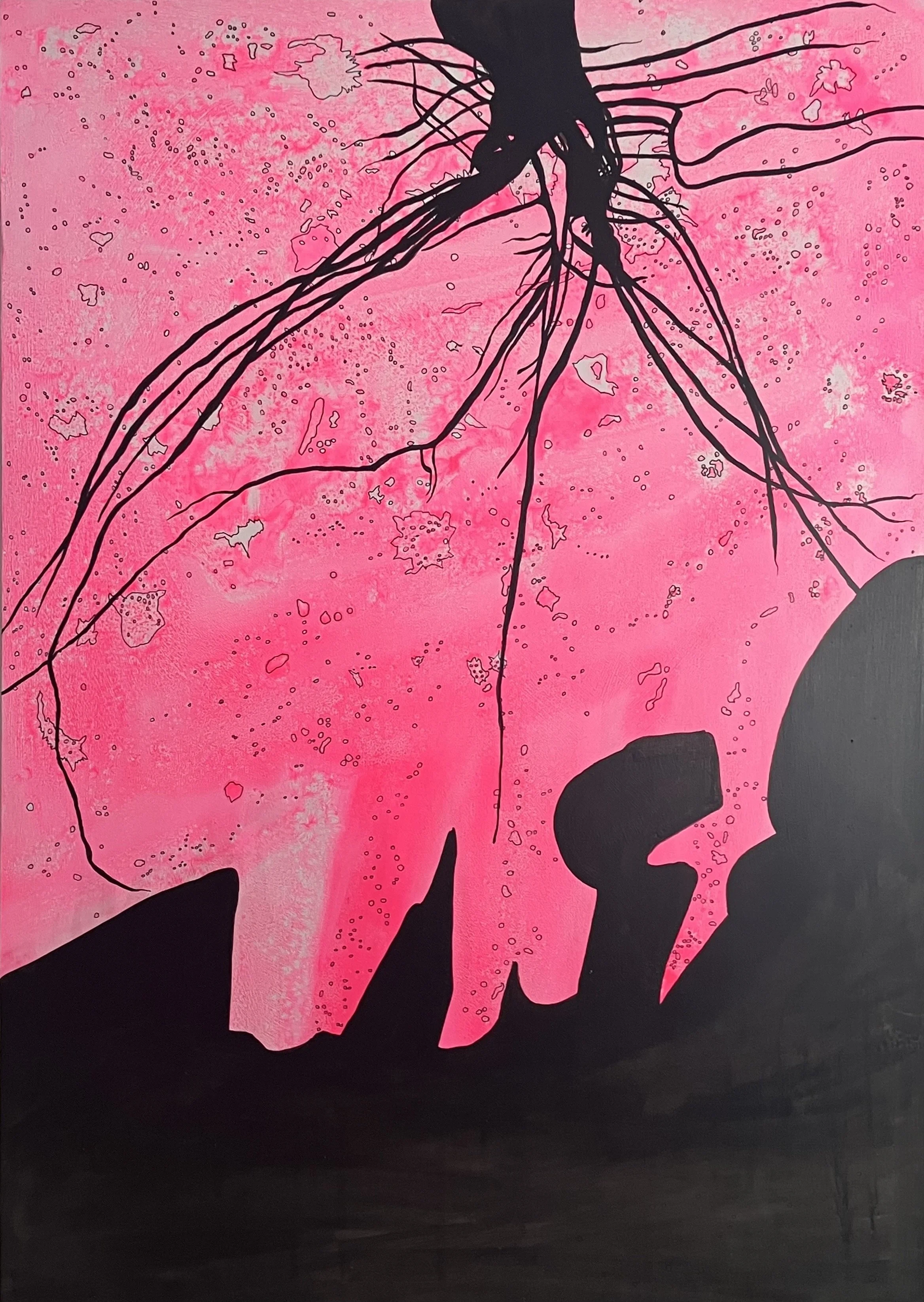 Pink background with patches of lighter pink formed using salt. The dots and sections created have then been drawn around to make island shapes across the background. The bottom third of the painting is solid black shape like mountains. 