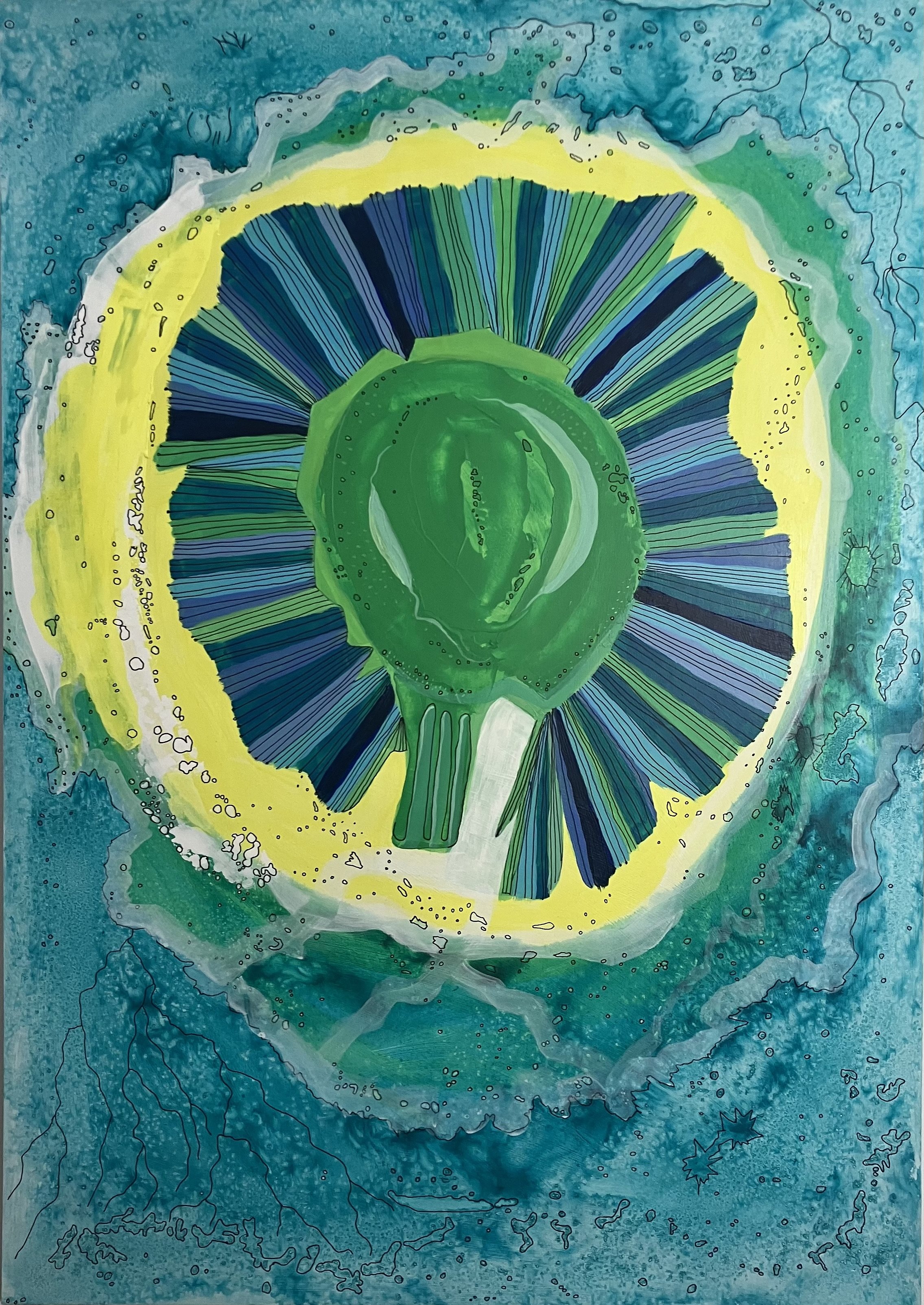 Painting with blues, greens and yellows. Roots, seed and map like islands drawn in marker pen.