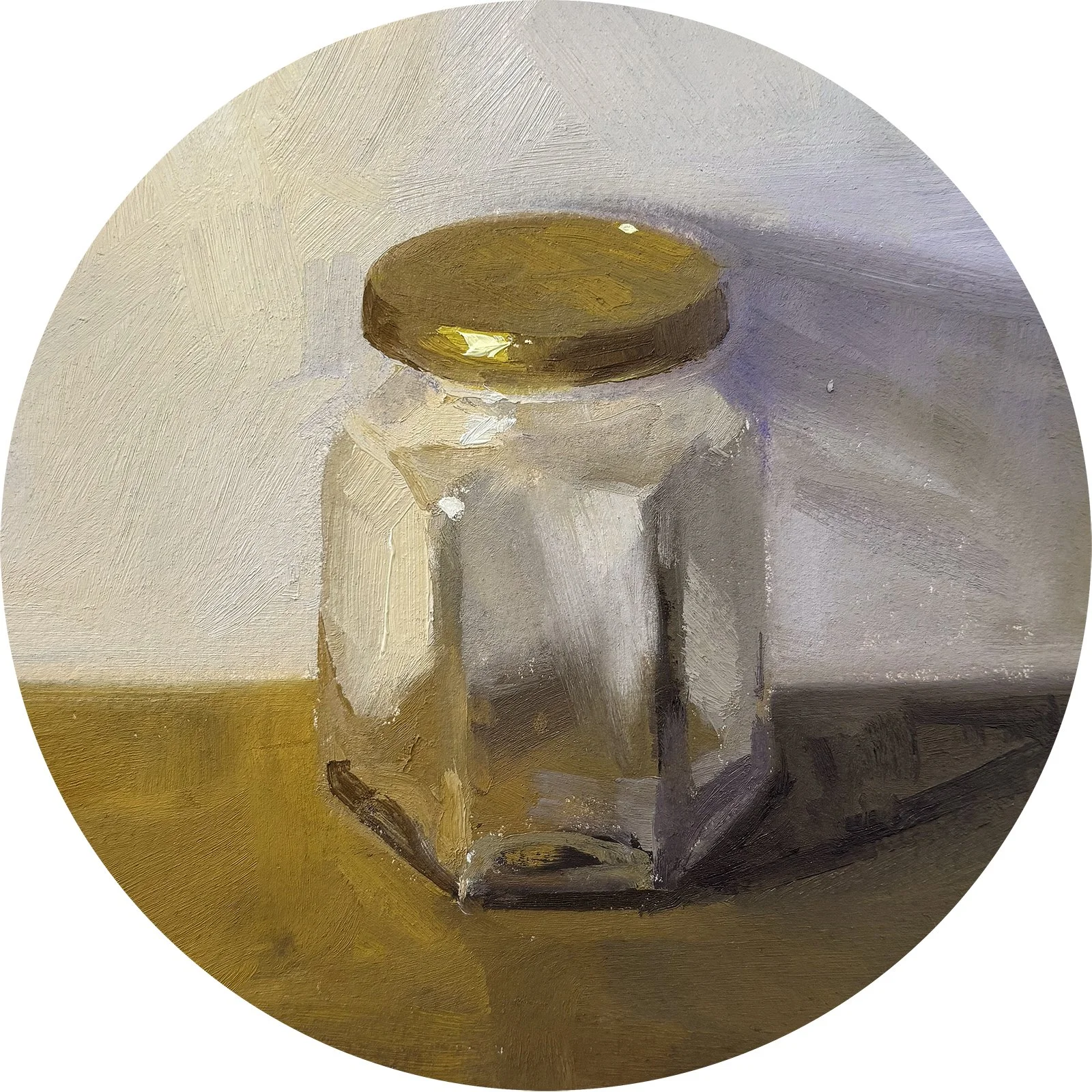 Multifaceted, oil on paper on panel, 6" tondo