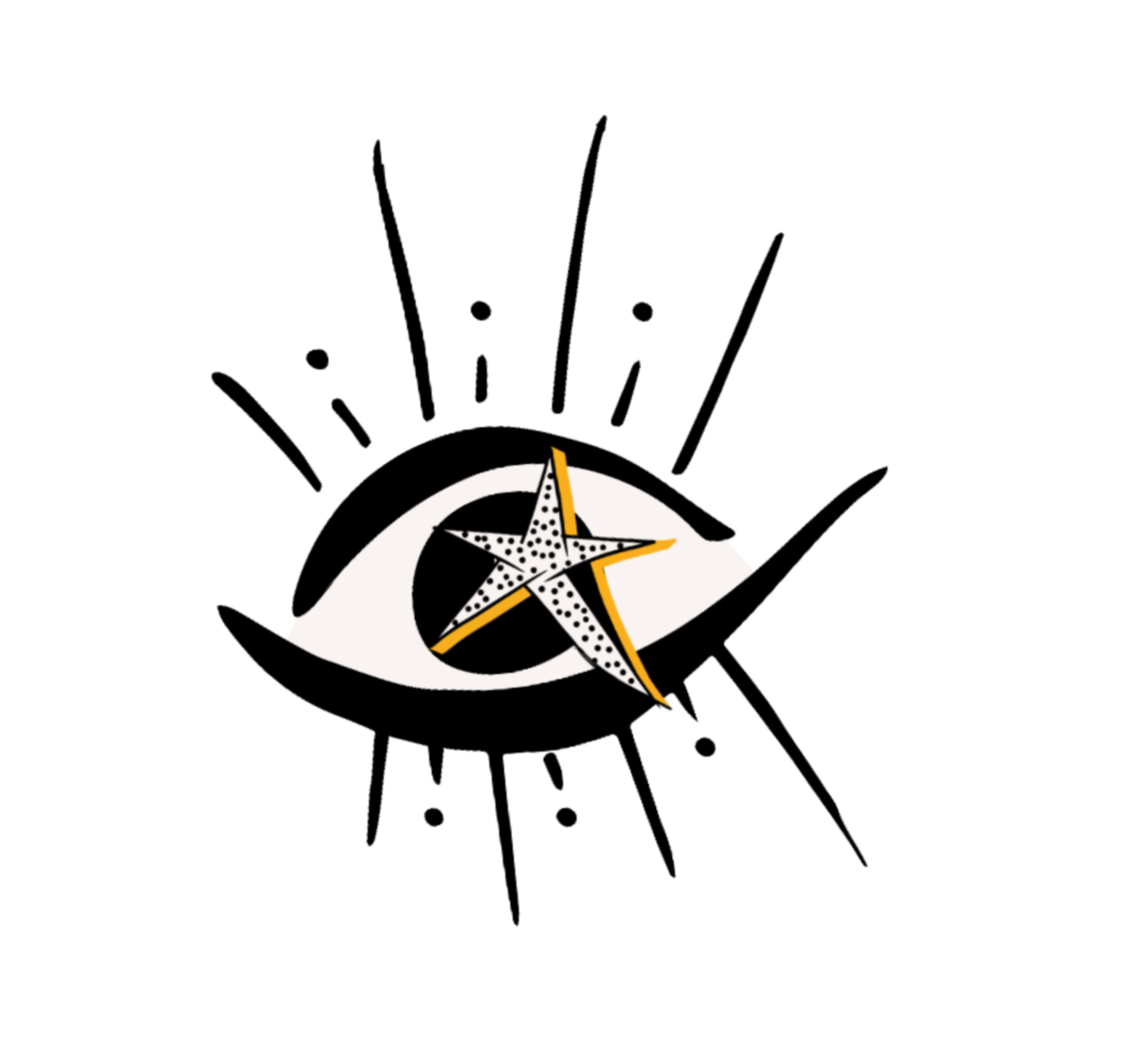 A stylized black and white eye with a starfish and a star layered over the lower part of the eye.