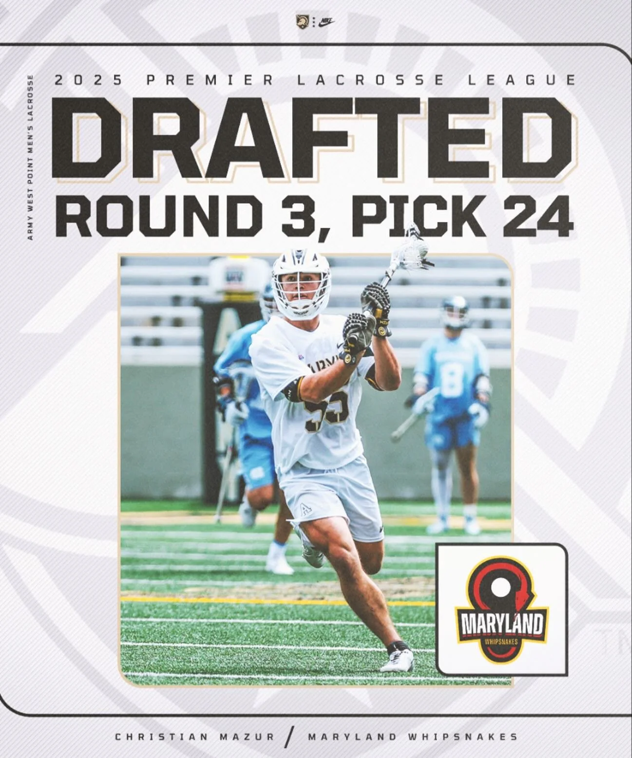 With the 24th pick of the 2025 @pll College Draft the @marylandwhips select Christian Mazur 👏👏👏

#GoArmy | #FamilyToughnessTradition