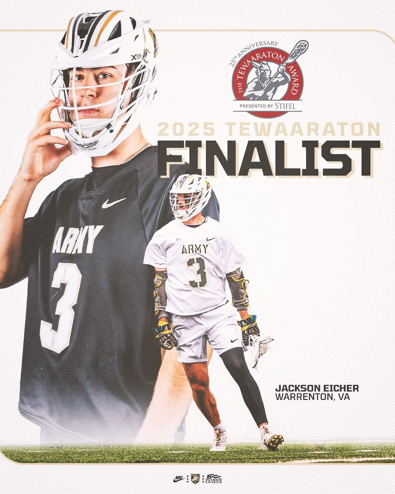 ‼️ 𝐓𝐄𝐖𝐀𝐀𝐑𝐀𝐓𝐎𝐍 𝐅𝐈𝐍𝐀𝐋𝐈𝐒𝐓 ‼️

Jackson Eicher has been named a finalist for the 2025 @tewaaraton Award which is presented annually to the nation&rsquo;s top player ‼️👏

#GoArmy | #FamilyToughnessTradition