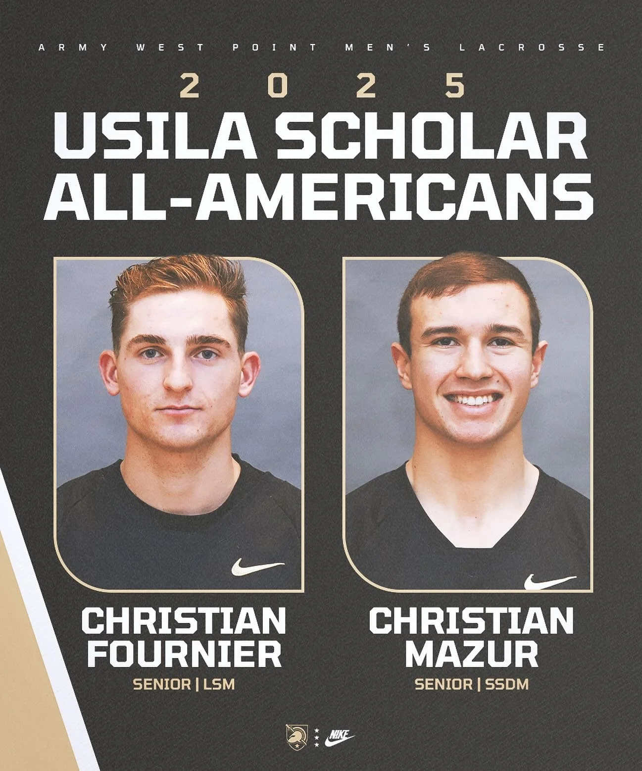 Congratulations to Christian Mazur and Christian Fournier on their selections as 2025 @usila_lax Scholar All-Americans 👏👏👏

#GoArmy | #FamilyToughnessTradition
