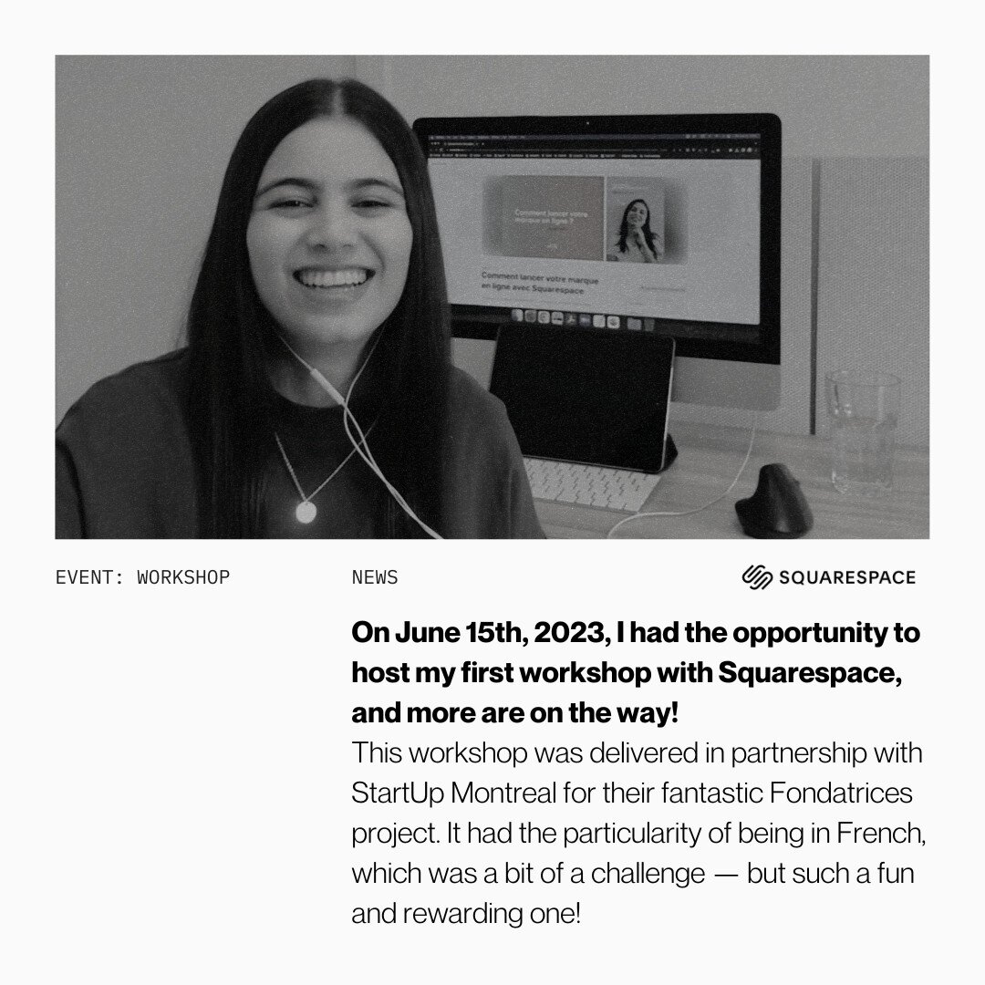 Reflecting on an incredible milestone! ✨
In June, I had the honor of hosting my very first workshop with @squarespace, a brand I've proudly started my design journey with, and chose to focus on and grow my career with &mdash; I only offer my design s