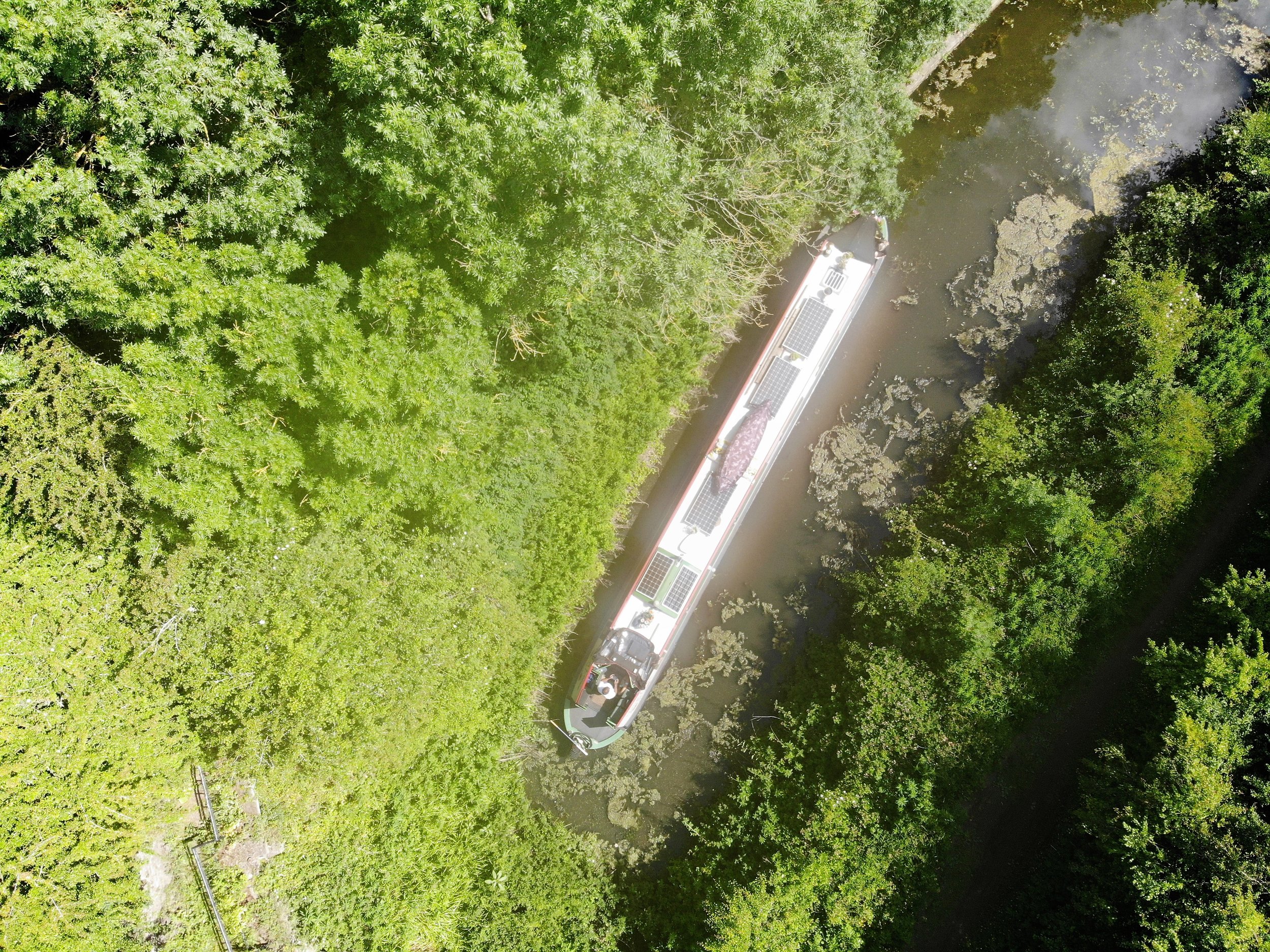  Aerial view of Narrowboat Hang loose at the end of the navigable Chesterfield canal 