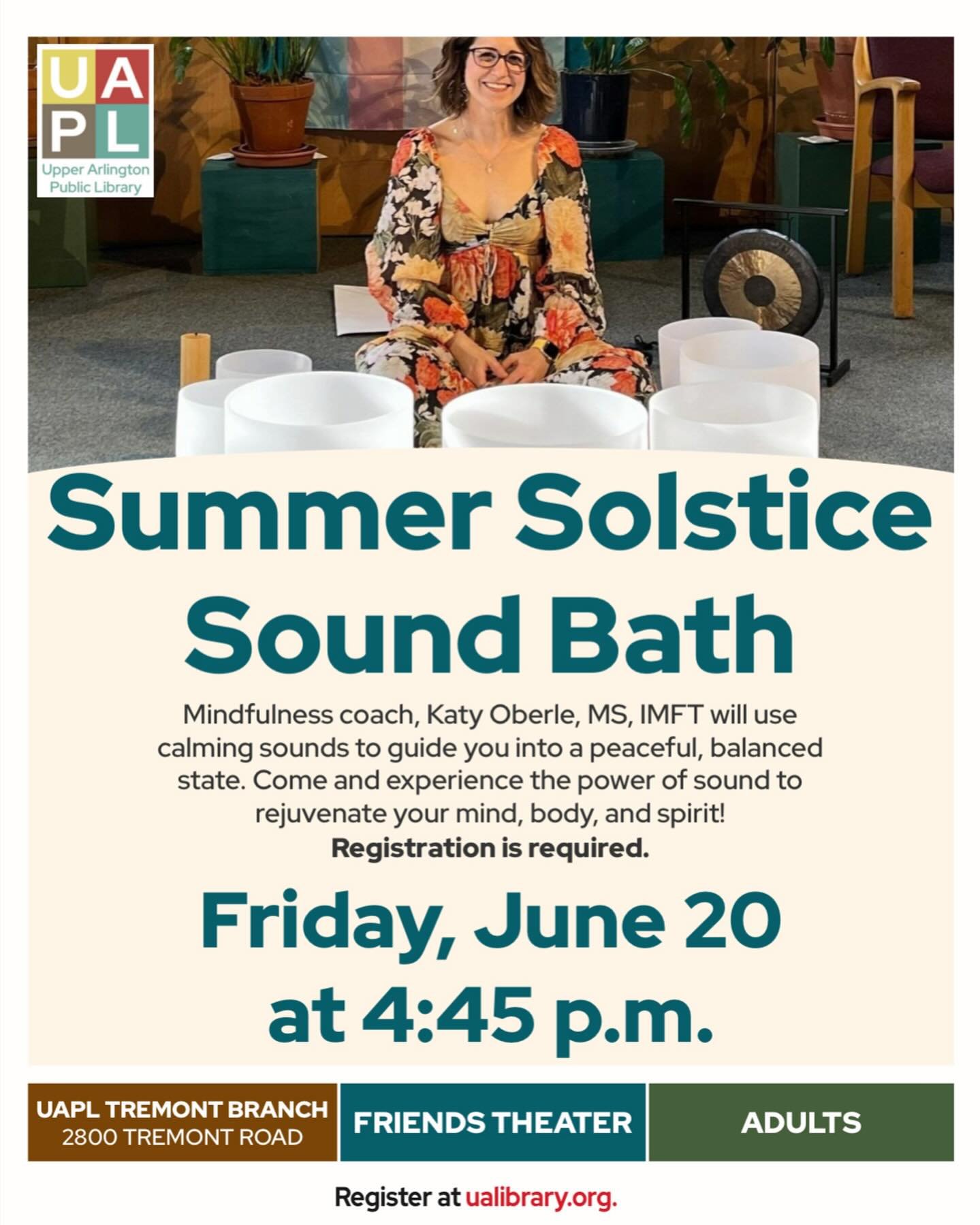🧘🥣 FREE (registration required) sound bath experience at @uapubliclibrary on 6/20! Registration opens 5/30; head to link in bio.