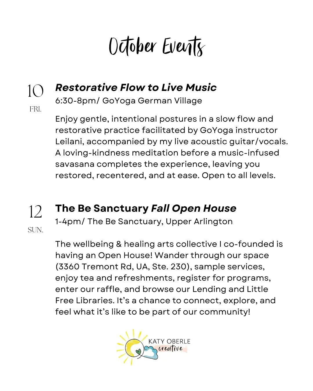 🍂October&rsquo;s events! Head to link in my bio to register for the 10/10 @goyogagermanvillage Yoga to Live Music and to RSVP for @thebesanctuary 10/12 Open House!