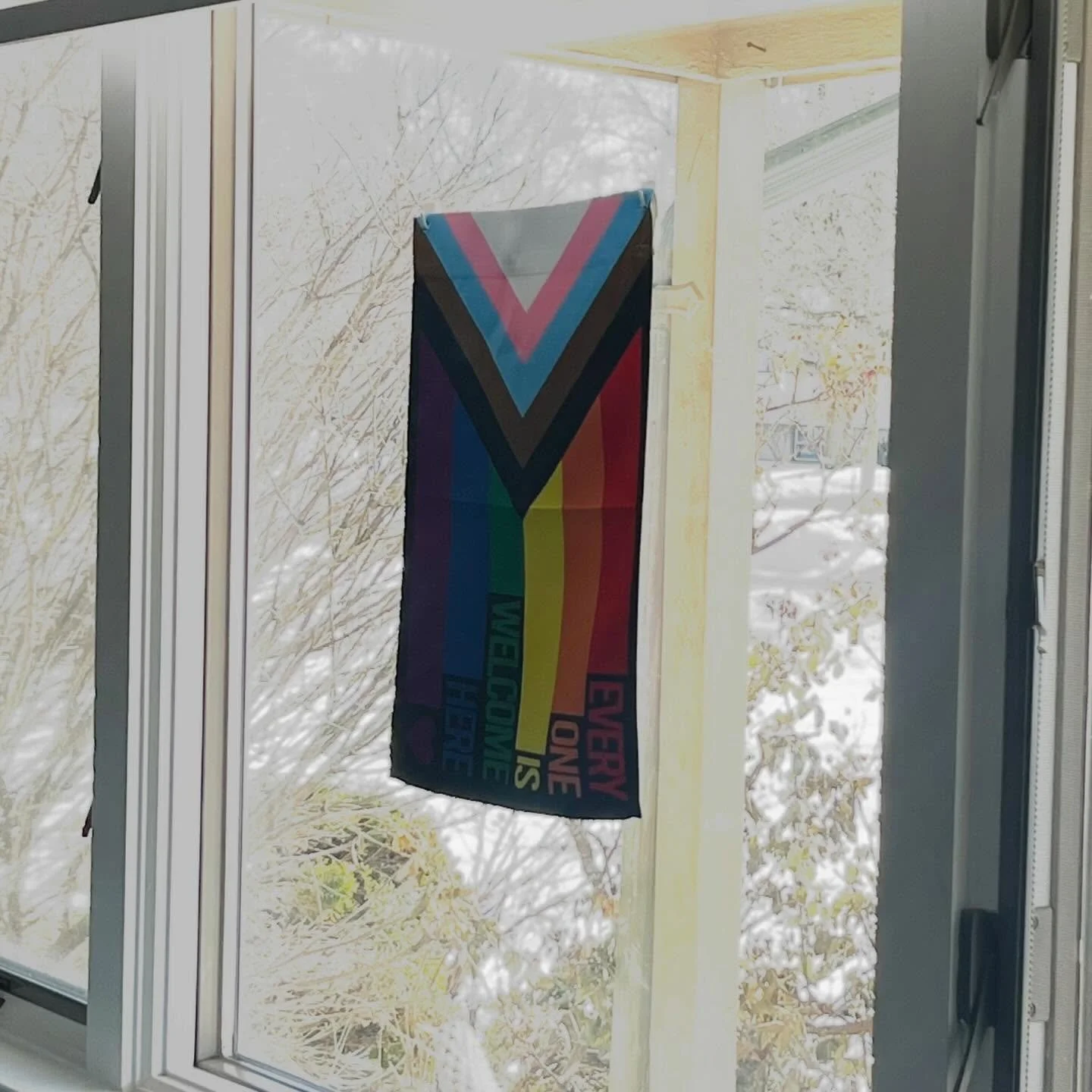 🌈🏳️&zwj;⚧️I just read what happened to the flag at the Stonewall Memorial in NYC , and I was moved to take this photo of the flag that hangs on our front window. No one can erase LGBTQ+ people, but it seems some are certainly tying to break their s