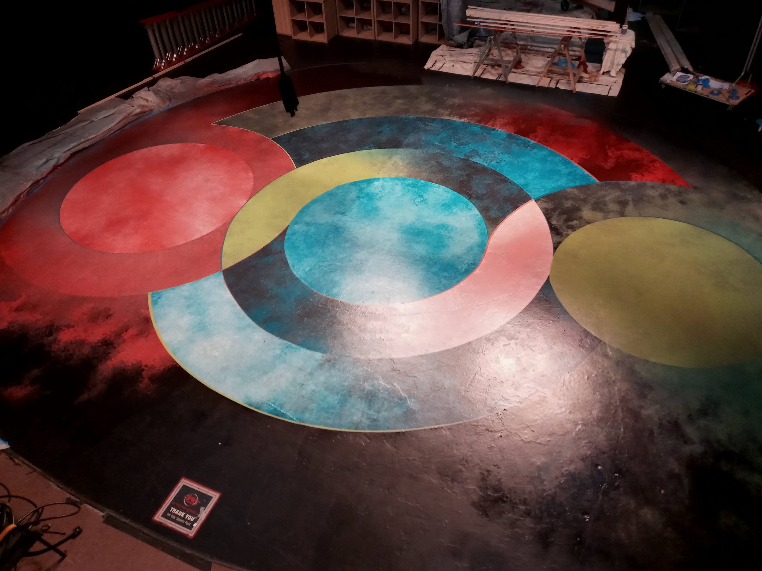 Painted stage floor for Mamalogues, 1st Stage, 2022. Set design: Jonathan Dahm Robertson.