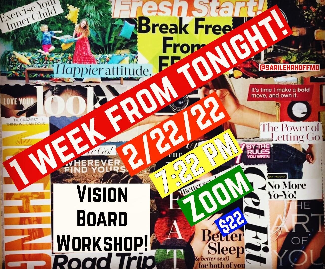 What? Vision board workshop
Manifesting what we desire for the next year.
When? 2/22/22 at 7:22 PM
Where? Zoom. Link sent day of.
How? Register by contacting office: evolvewellnessnj@gmail.com
Just say: I&rsquo;m in!
How much? $22 dollars venmo @sari