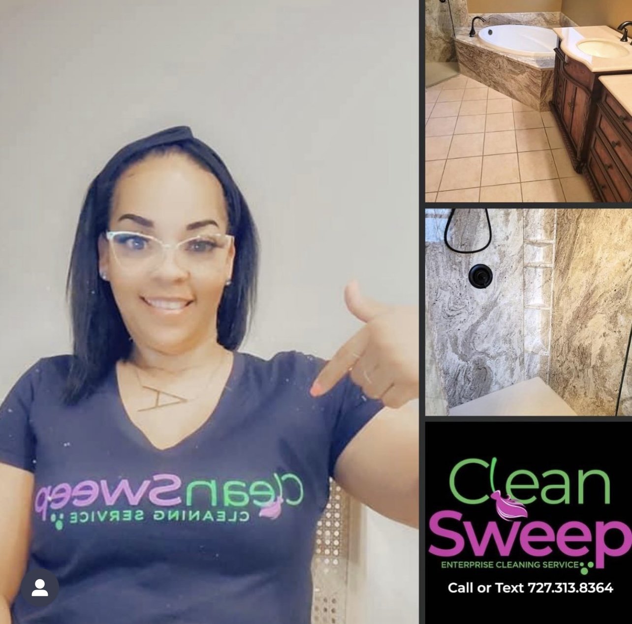 A woman with black hair and glasses is smiling and pointing to a logo on her black t-shirt that reads 'Clean Sweep Cleaning Service'. The logo is also on a sign in the bottom right, featuring green and pink text and a pink broom icon, with contact in