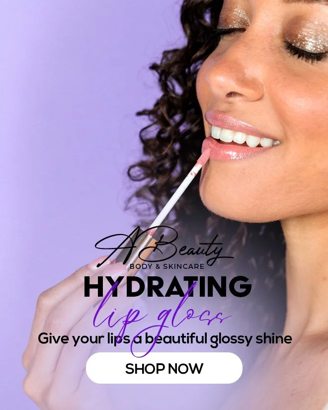 Close-up of a woman with curly hair applying pink lip gloss, with text promoting hydrating lip gloss and a 'Shop Now' button.