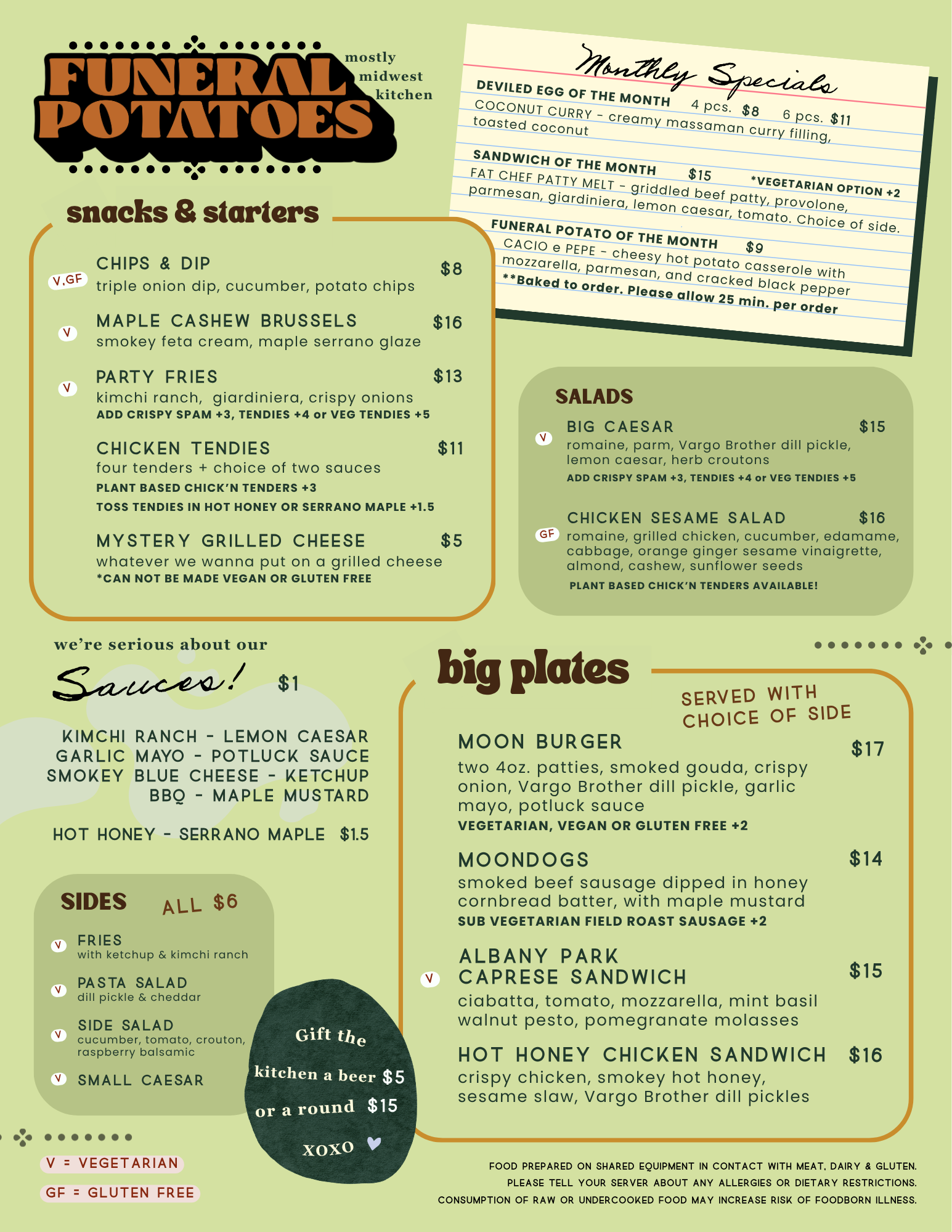 Menu with month-specific specials, snacks, salads, big plates, and sides for a restaurant. Items include deviled eggs, sandwiches, funeral potatoes, salads, and hot honey chicken sandwich, with vegetarian and gluten-free options.