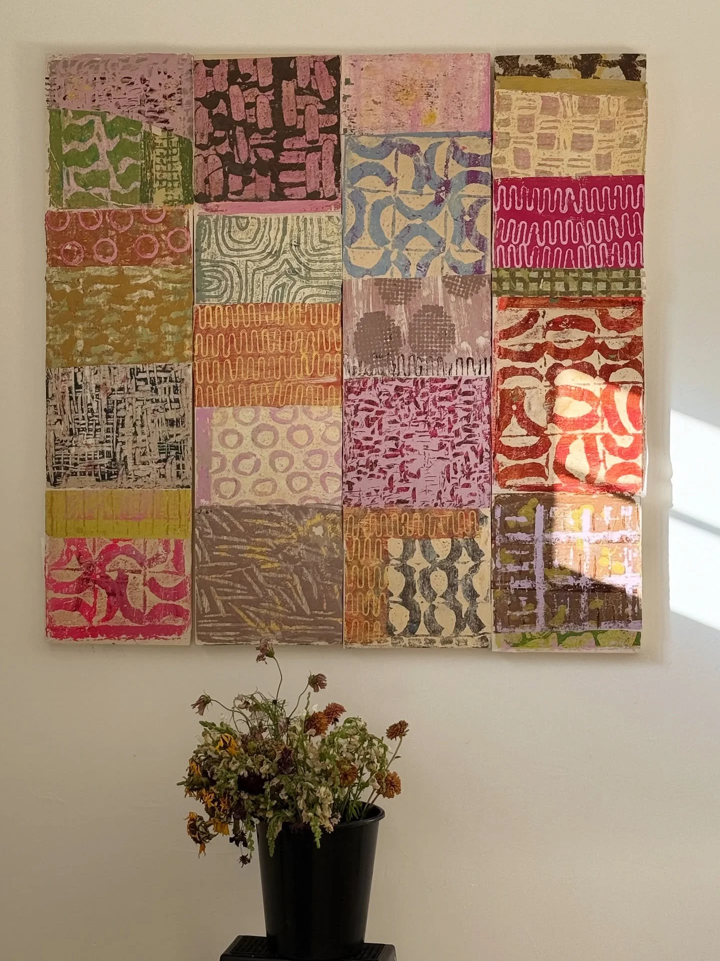 Linger
acrylic collage on cradled wood panels 
4 panels- 48&rdquo;x48&rdquo;total