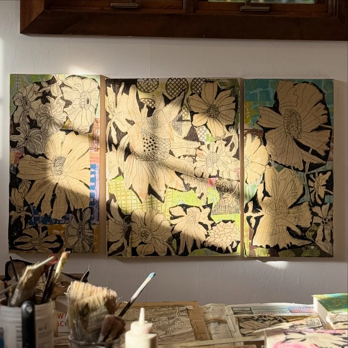 Anyway the Wind Blows- triptych
mixed media &amp; collage on cradled wood panels 🧡