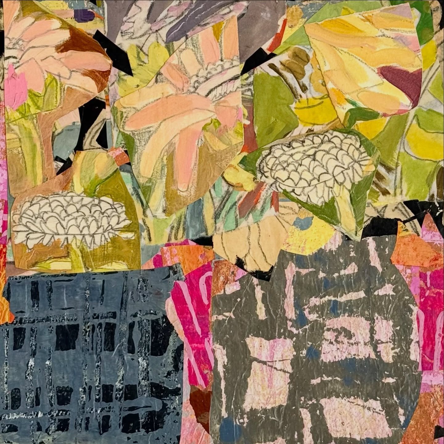 From the Lil&rsquo; Gems series~12&rdquo;x12&rdquo; on cradled wood.
This collage is made from abstract mono prints &amp; flower paintings. I have combined wet strength tissue paper &amp; arches rives paper. My adhesive of choice is water based satin