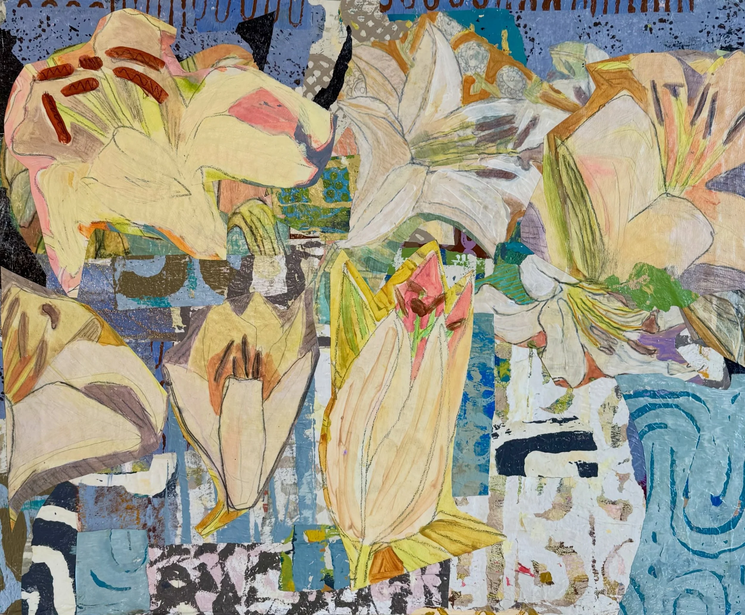Floating Toward Light
mixed media collage on cradled wood
24&rdquo;x30&rdquo;
These Lilies were all neatly arranged in a large white vase until the very end when I realized it would be a lot more interesting if they were set free.🧡
#mixedmediaartist