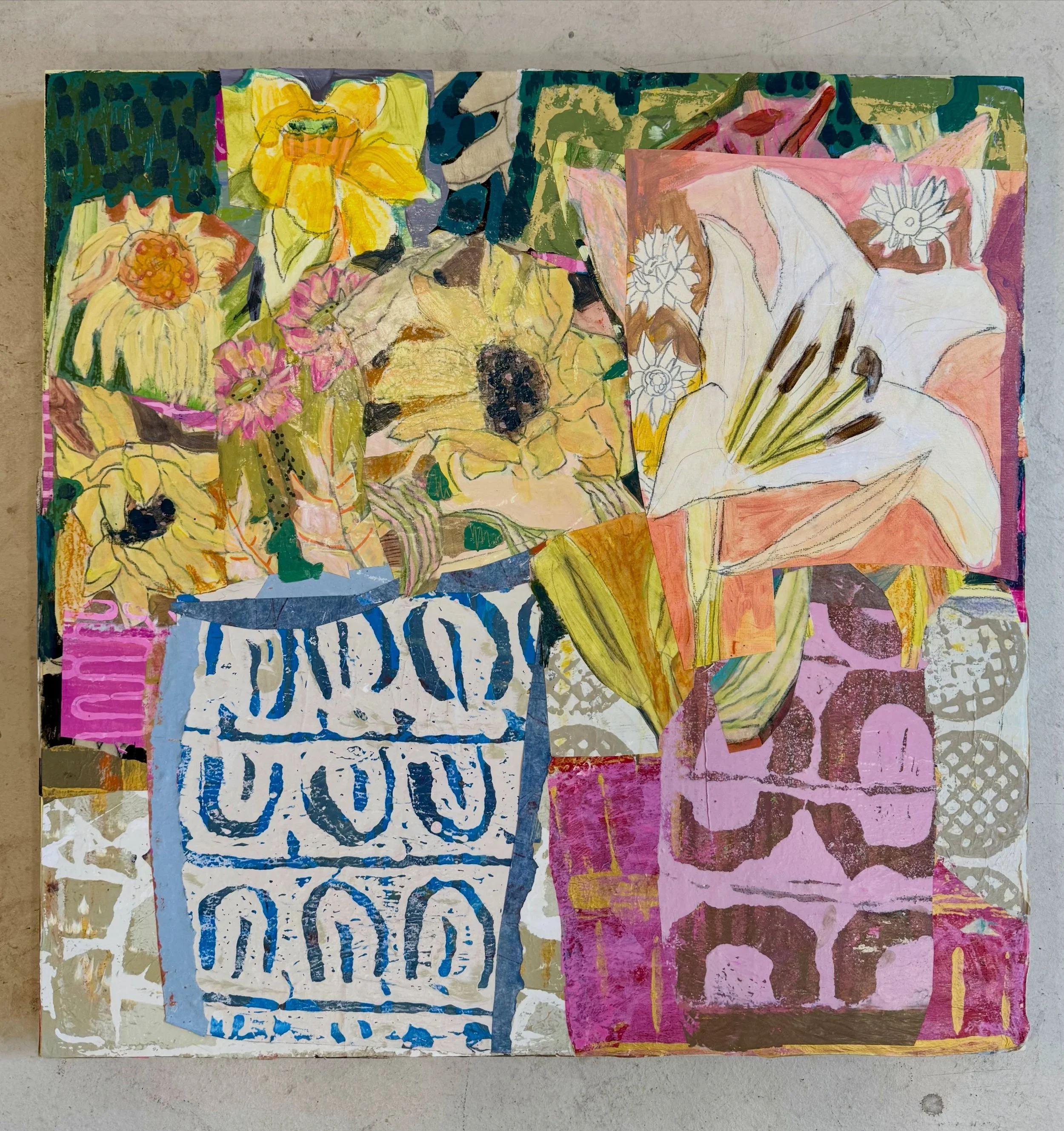 The Shape of Spring
24&rdquo;x24&rdquo;x1.5&rdquo;
Mixed media collage painting on cradled wood.
What is it about a splash or a big chunk of pink in a painting that warms my heart? It really can be a mood changer!🧡🩷