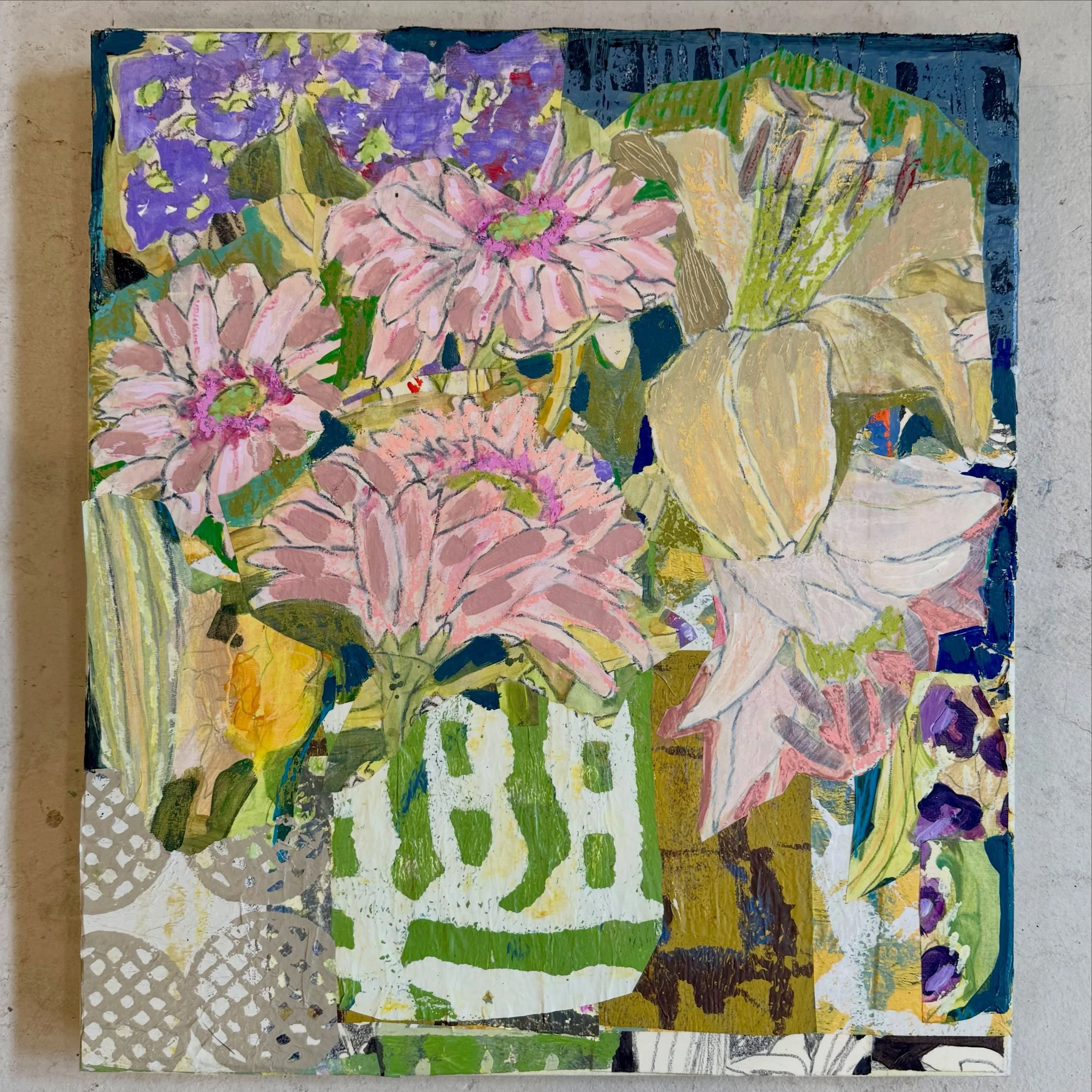 Flowers with Wings
20&rdquo;x18&rdquo;x1.5
Mixed media collage on cradled wood
Something&rsquo;s a little preppy about this painting. It must be the pink &amp; green dance..🩷💚

#mixedmediacollage 
#artcollector 
#boldcolors 
#contemporaryartist 
#s