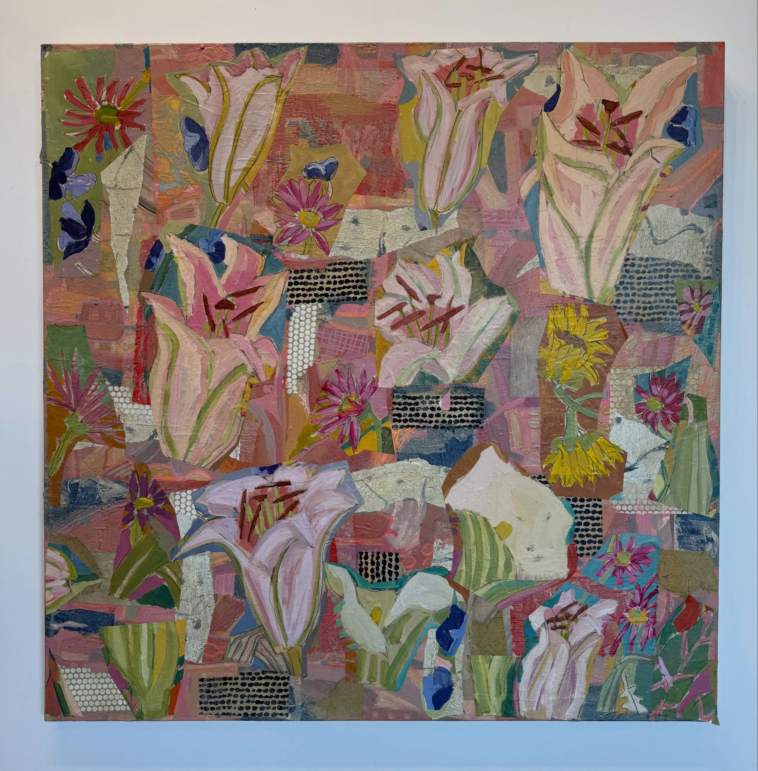 Field of Love
Mixed media painted collage
36&rdquo;x36&rdquo;
Working with collage reminds me that my art is to be playful &amp; joyful. It also makes me think of the quote-
&ldquo;The goal is to stay out of the way so that the art can happen through