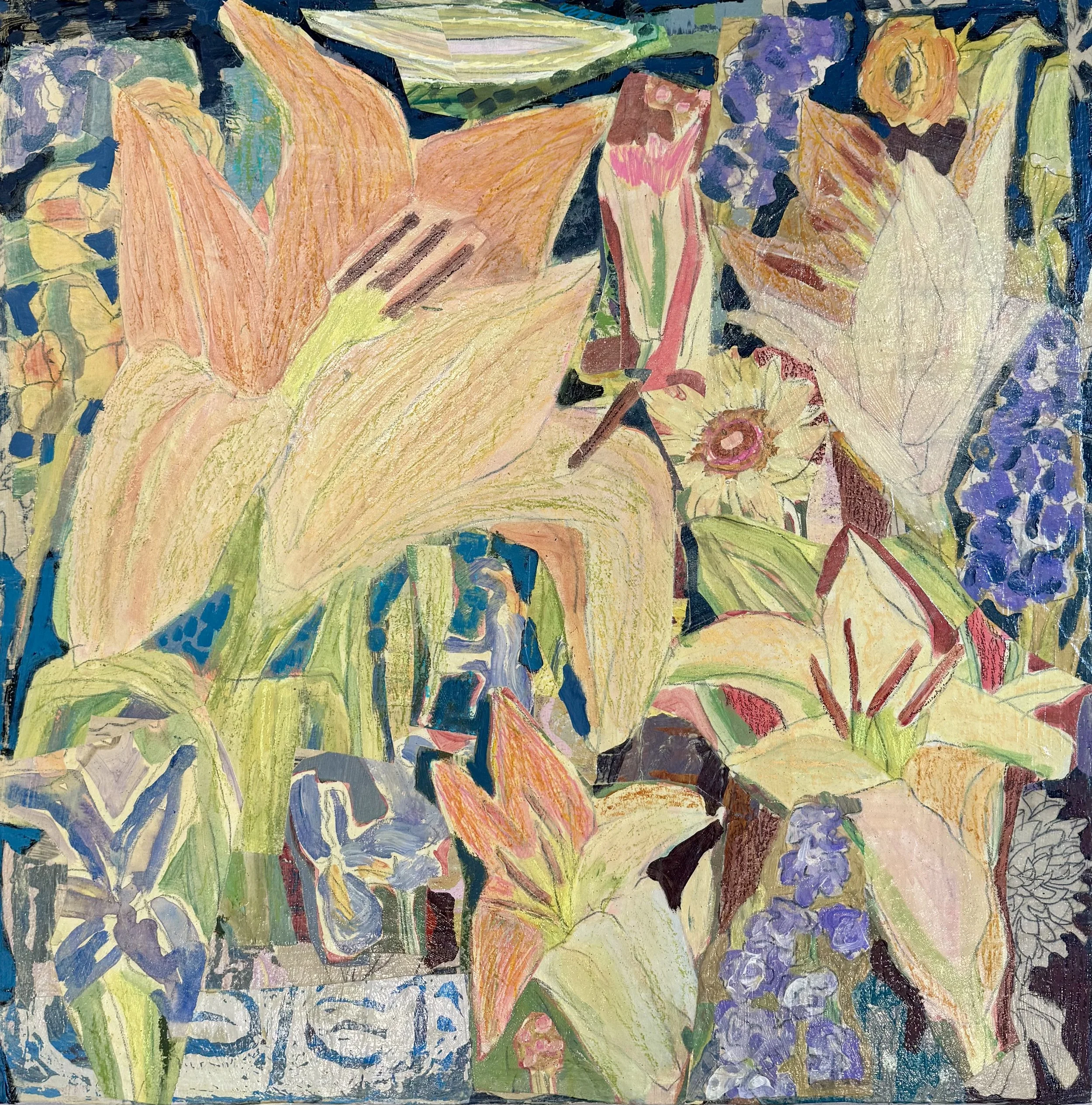 Dancing Lilies | 30" 30" x1.5  |Mixed Media Collage on Cradled Wood | Framed $1,950
