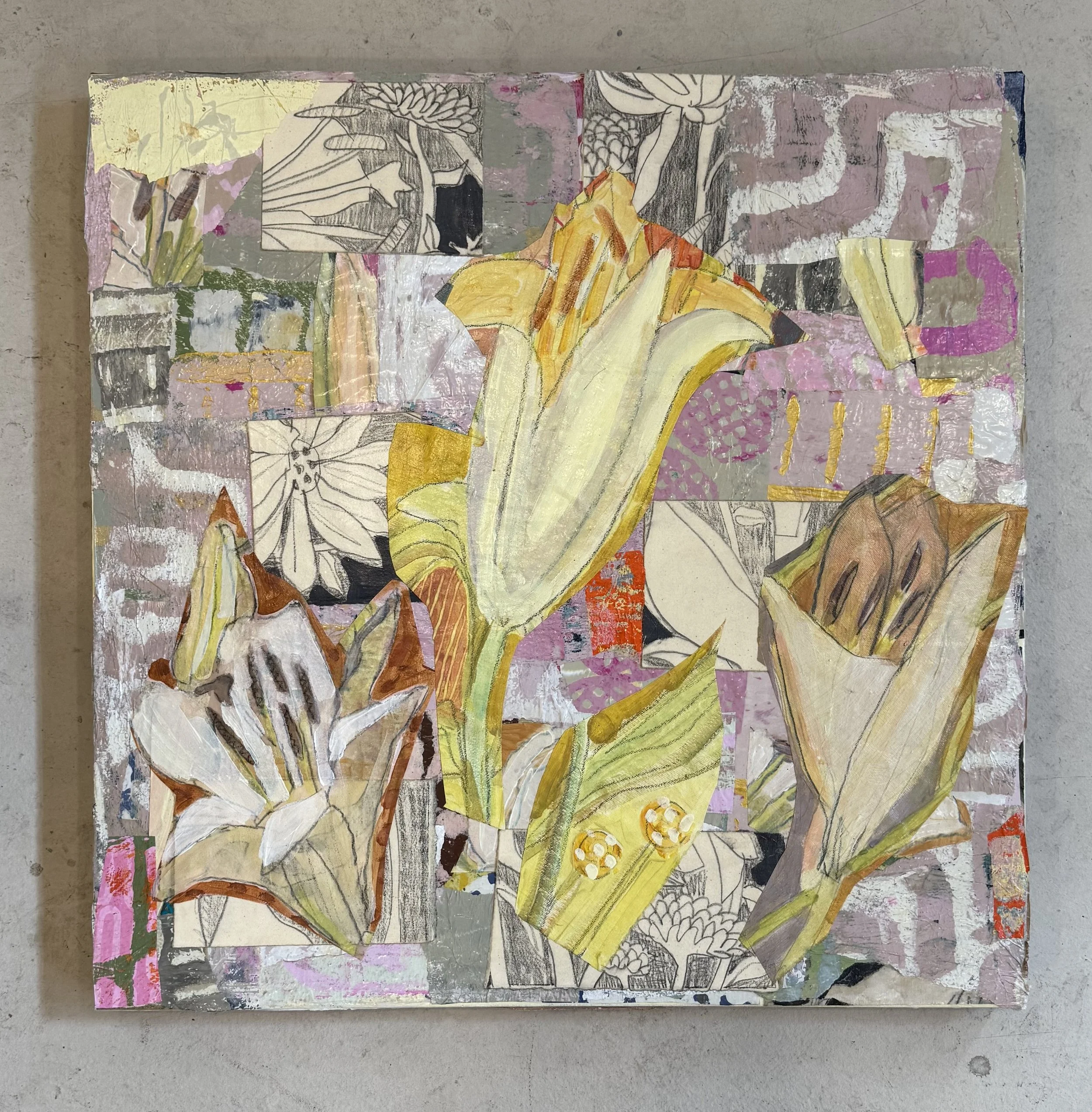 Fractured Lilies | 30"x30"x1.5" | Mixed Media Collage on Cradled Wood | Framed $1,950
