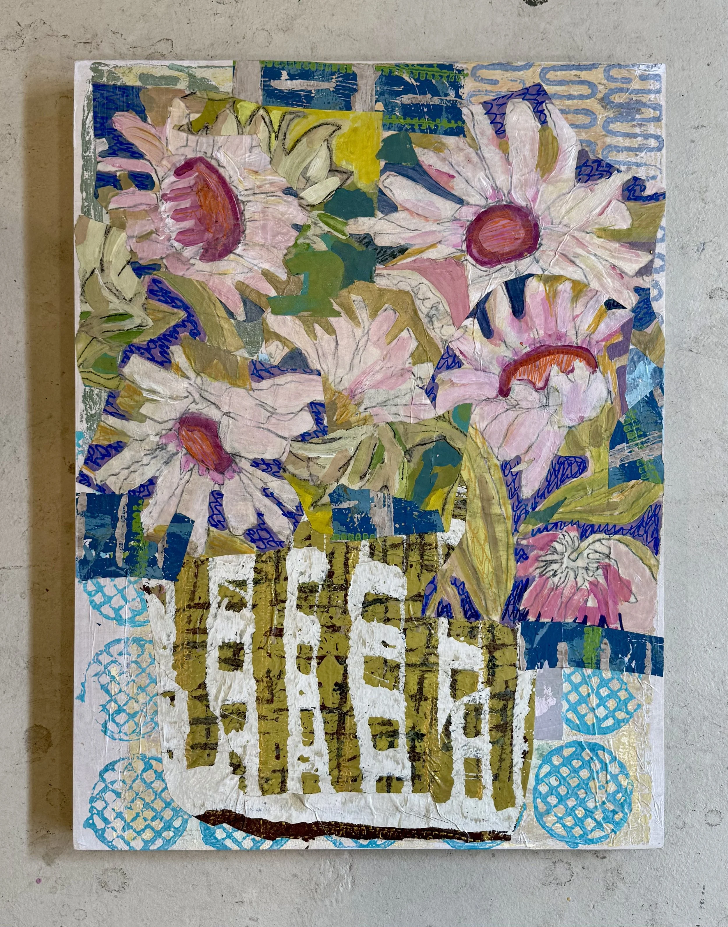 Vase with Pink Flowers | 24"x18"x1.5" |  Mixed Media Collage on Cradled Wood | Framed $950
