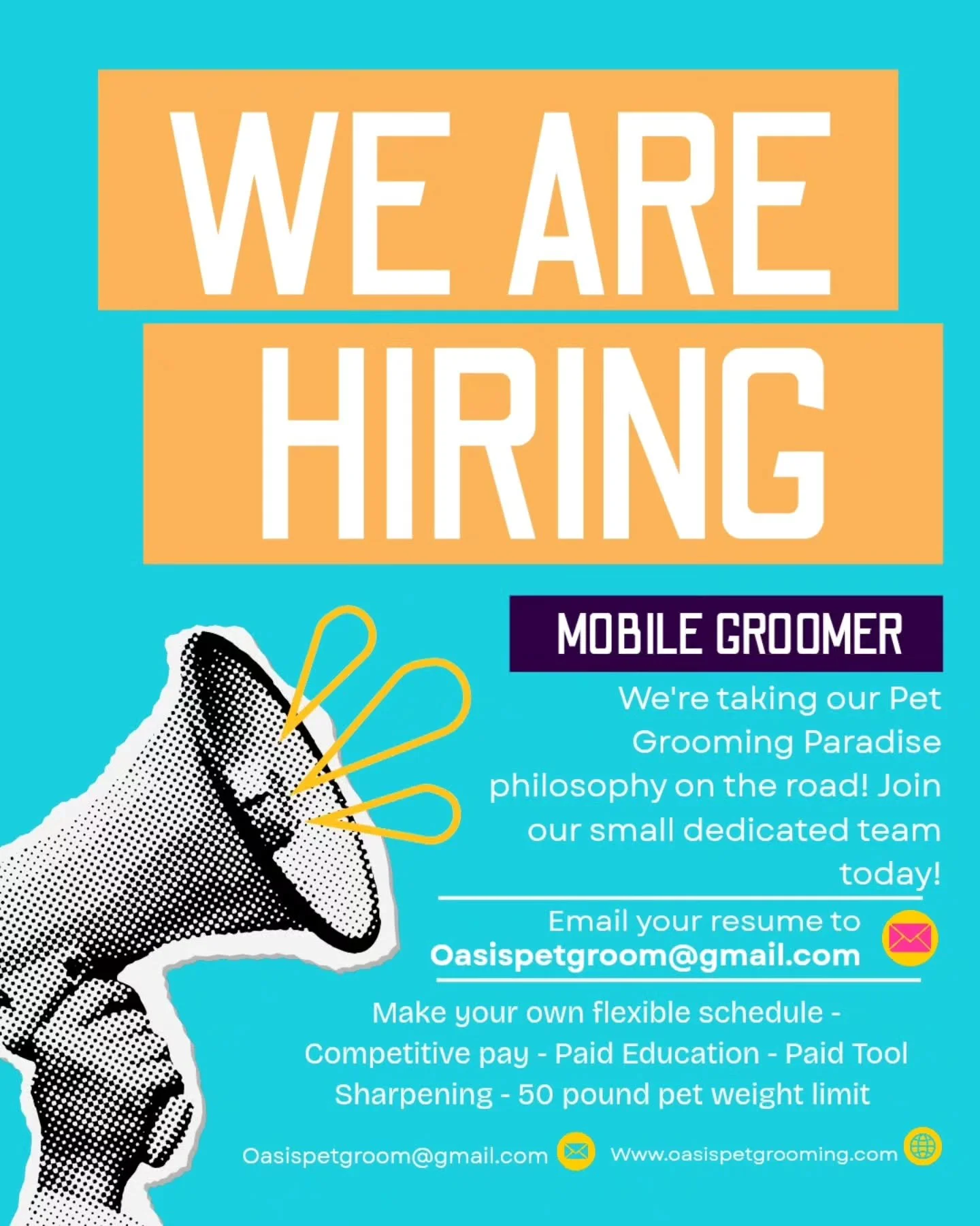 We're hitting the road and looking to add a dedicated mobile groomer to our team! If you're a pet groomer (no mobile experience necessary!) And want to join the Oasis family, email your resume to the email shown!