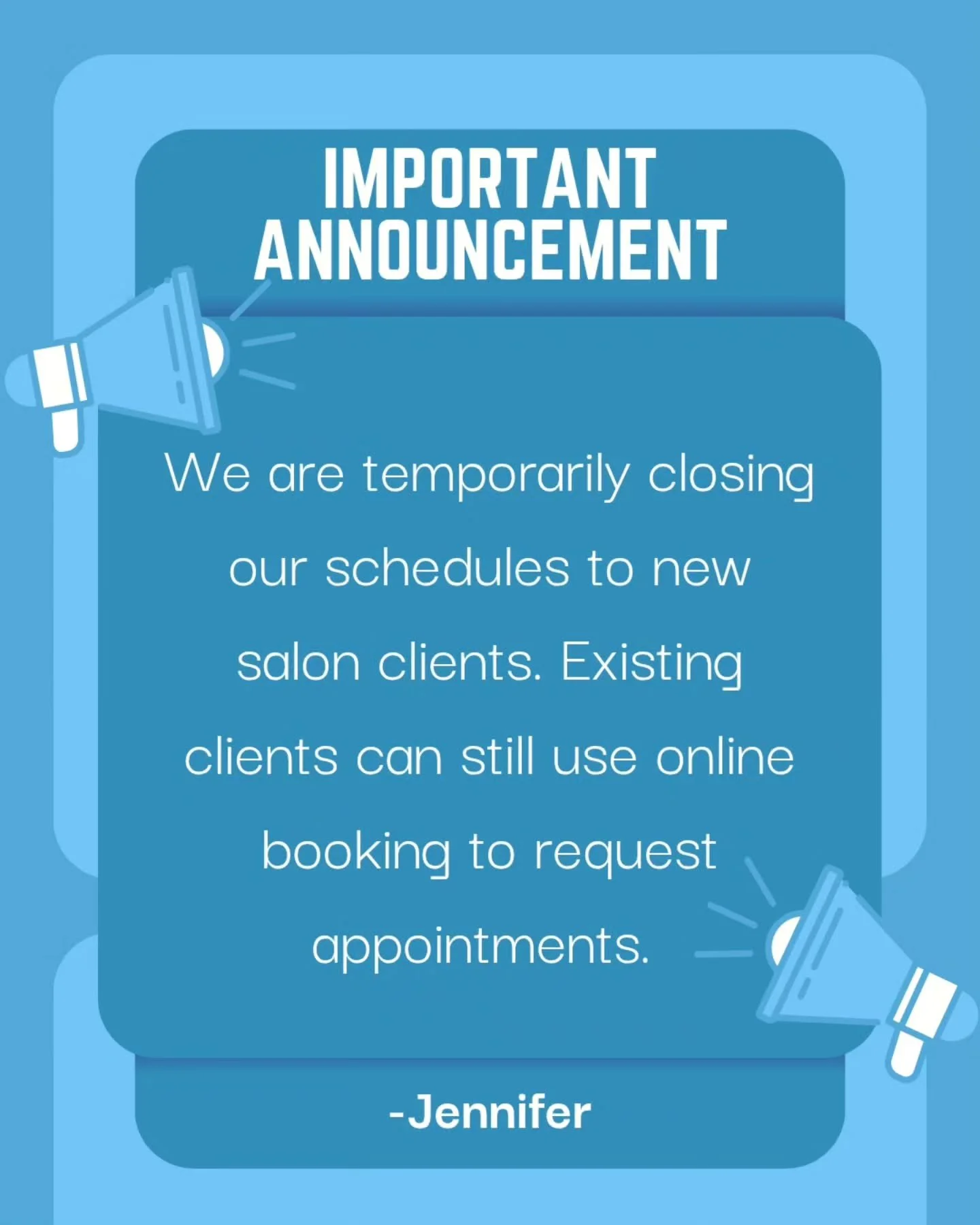 Our existing clients know how hard it is to stay on our books so ,after some consideration, our salon schedule will be temporarily closed to brand new clients. Existing Clients can still use our online booking to make appointments. We will reevaluate