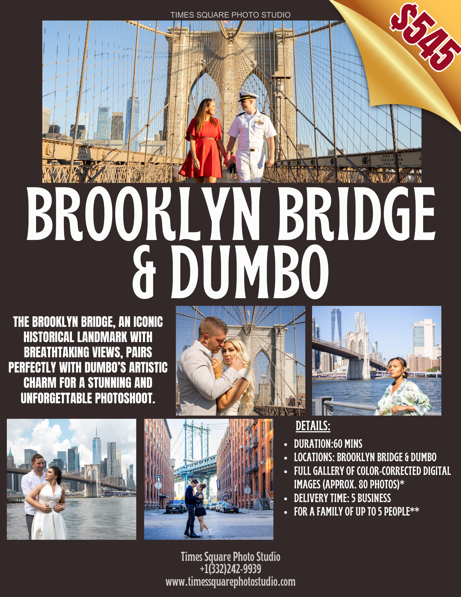 Promotional flyer for a photoshoot package by Times Square Photo Studio, featuring images of couples on the Brooklyn Bridge and in DUMBO. Priced at $545, includes details such as a 60-minute duration, approximately 80 photos, and the provided services.