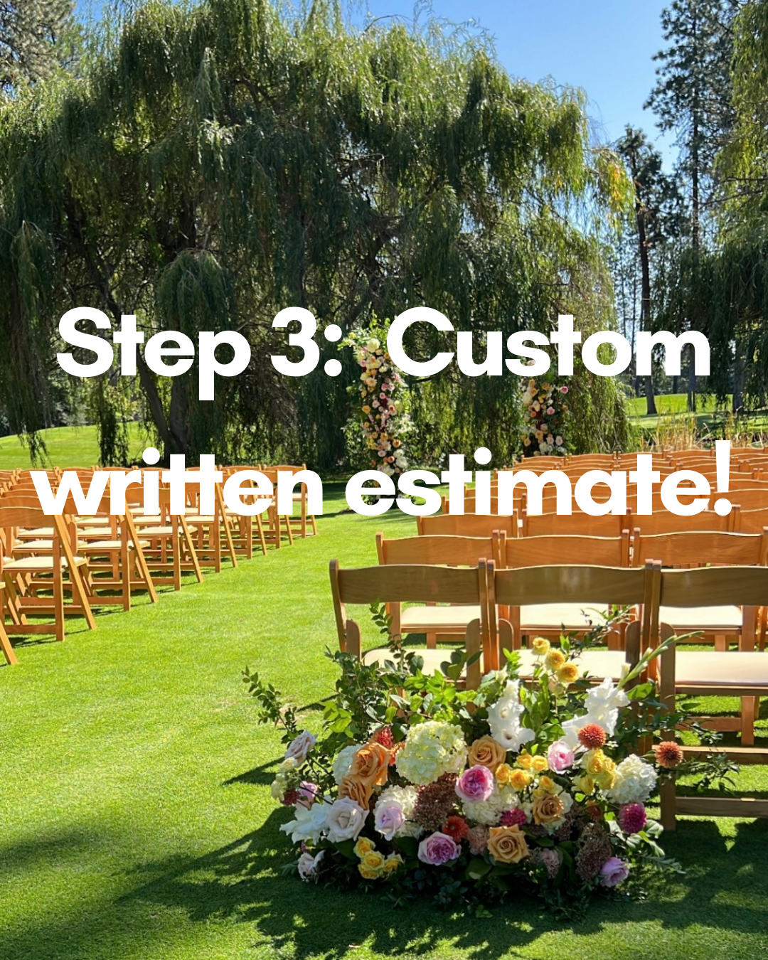 Outdoor wedding ceremony setup with wooden chairs and floral arrangements, set on green grass beneath trees, with text overlay 'Step 3: Custom written estimate!'