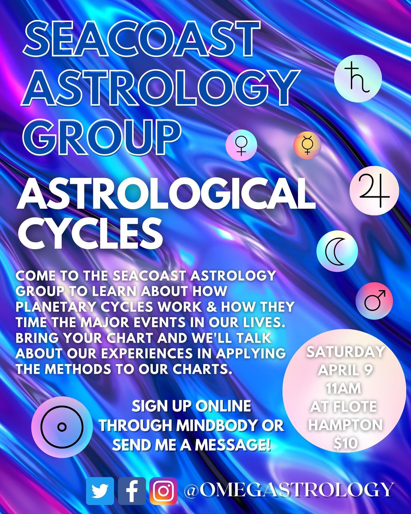 🌔SEACOST ASTROLOGY GROUP🌖

Next meeting coming up on Saturday April 9 at 11AM at Flote in Hampton!
&bull;&bull;&bull;
Come join in for an introduction and discussion on various methods of basic timing technique in astrology, and how to interpret th