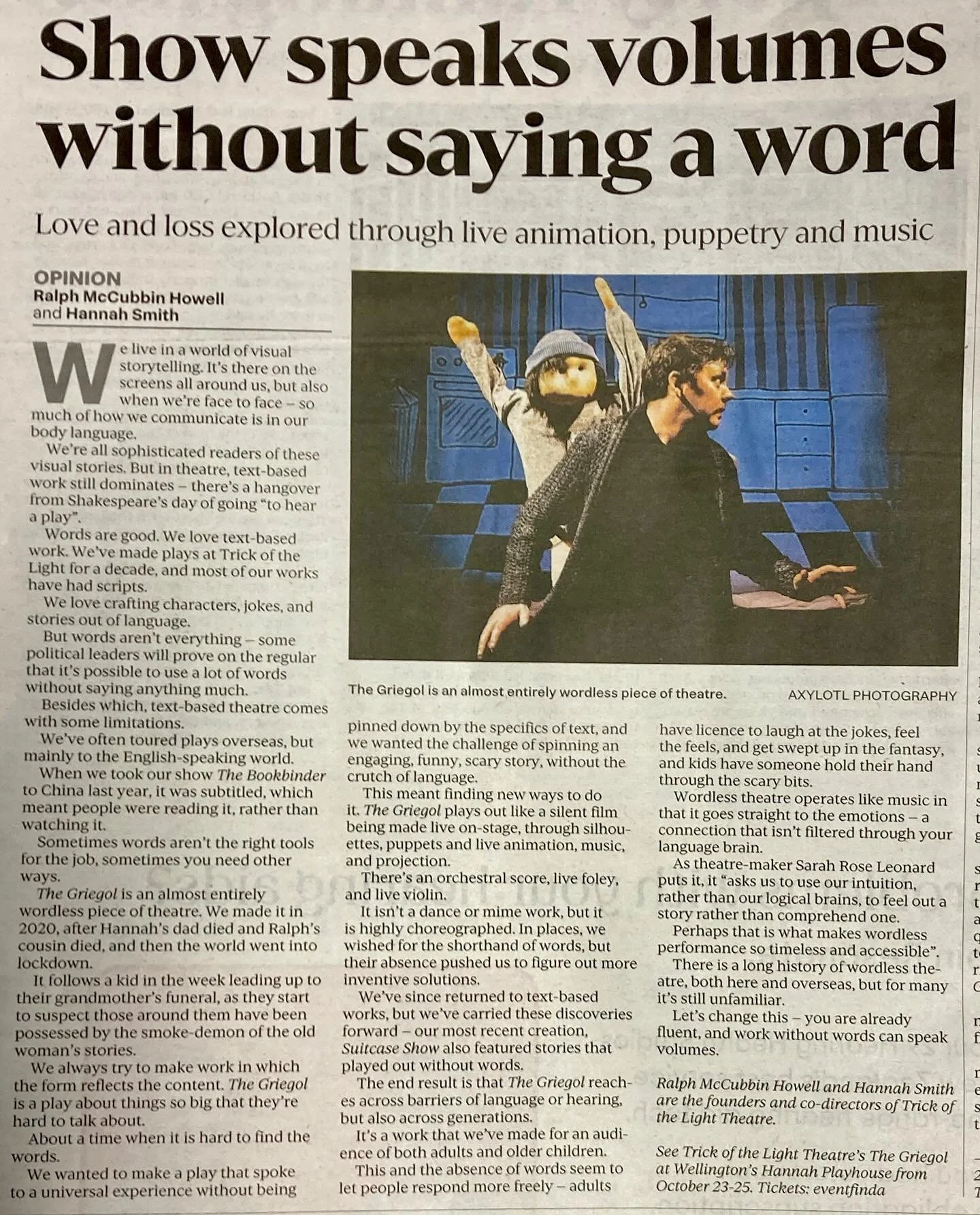 We’re in @thepostnz today talking wordless theatre and #TheGriegol @hannahplayhouse 23-25 Oct and @taurangafestival 28 Oct 
Tickets link in the bio