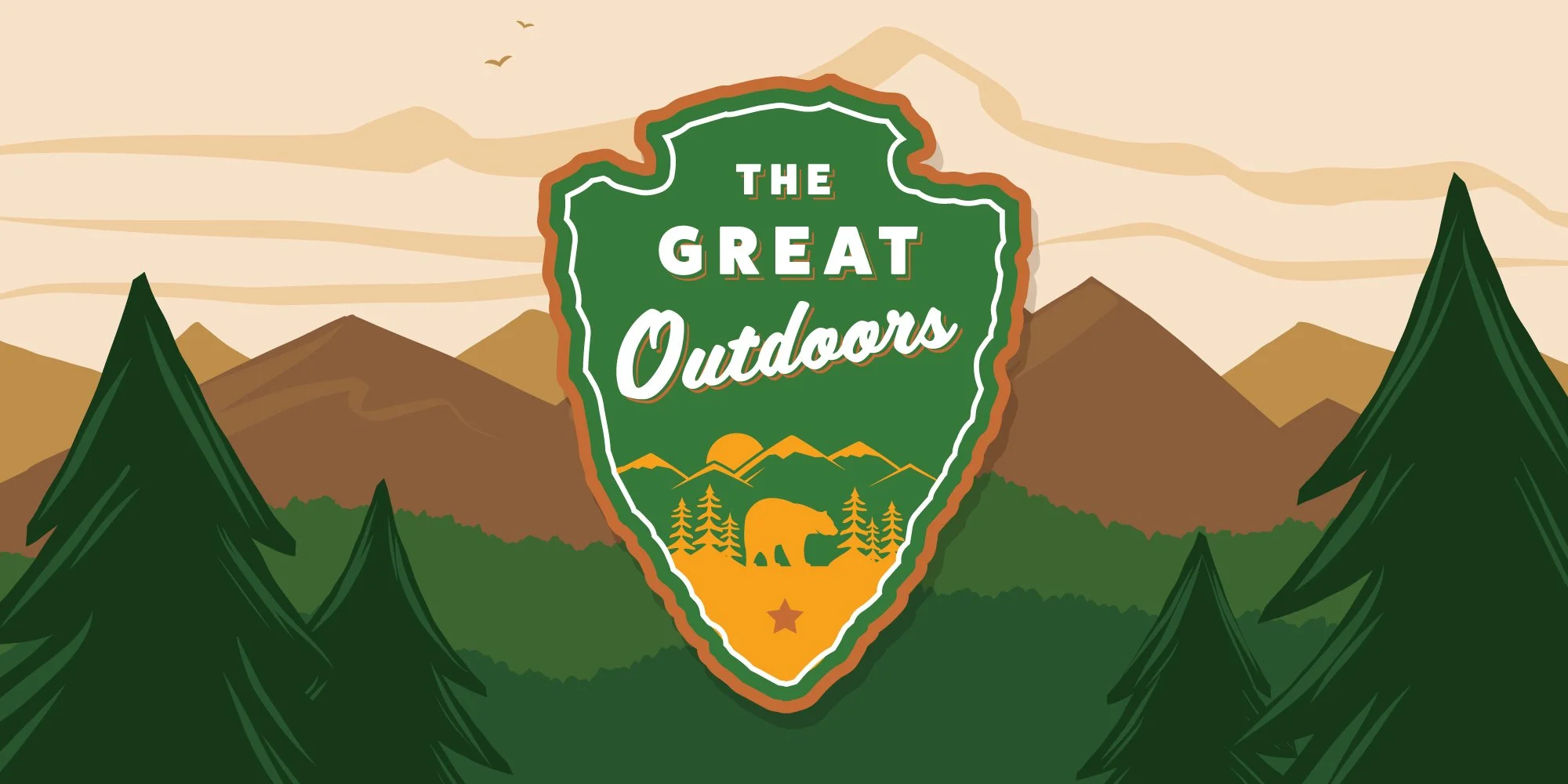 Illustration of a badge with the words 'The Great Outdoors', set against a mountain landscape with trees, mountains, and flying birds.