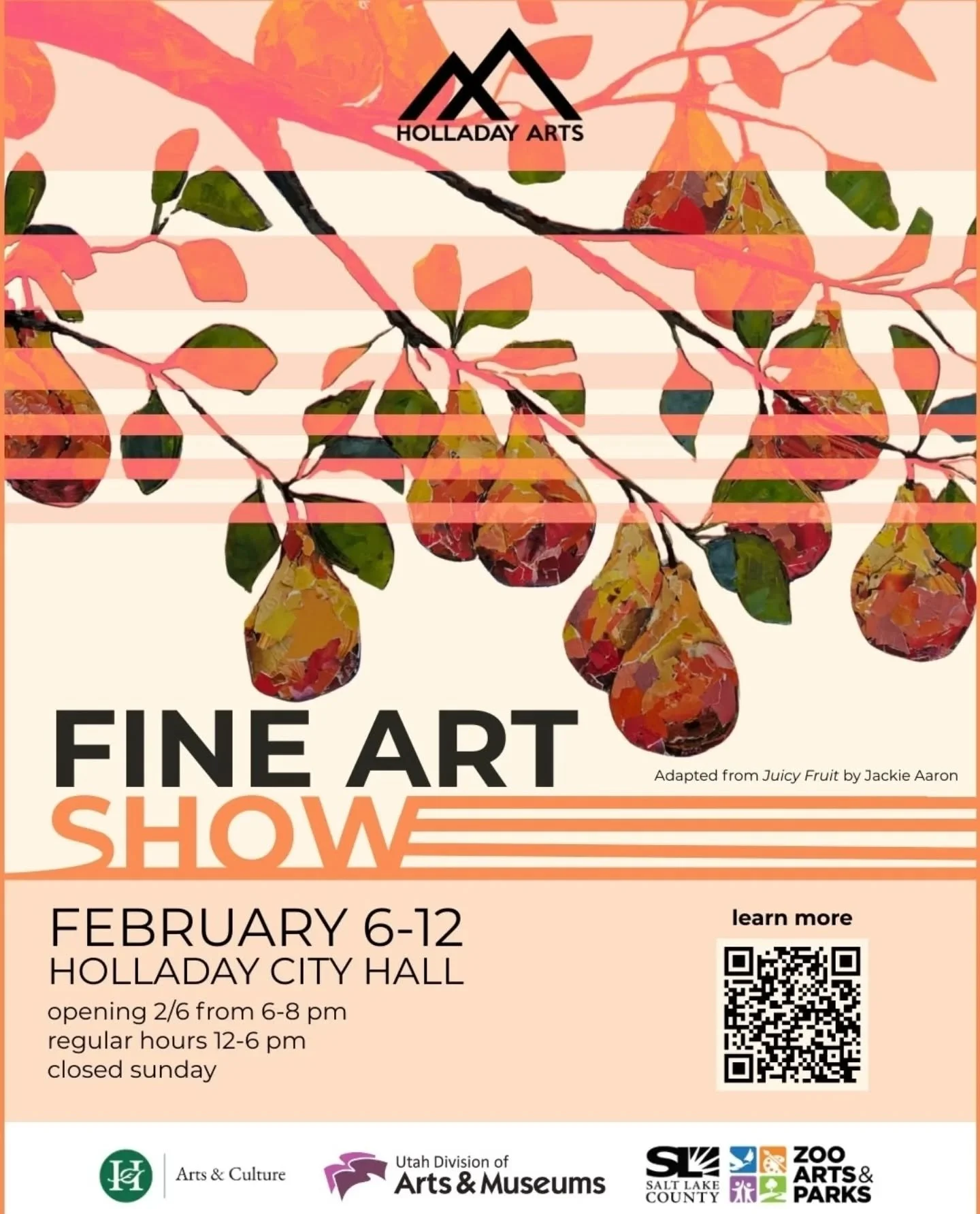 Tomorrow is the opening reception for the Holladay Fine Art Show! Swing by and support your local artists!

Holladay City Hall
4580 South 2300 East, Holladay, UT 84117

Opening Reception: Friday, February 6 from 6:00 - 8:00

Show runs from February 7
