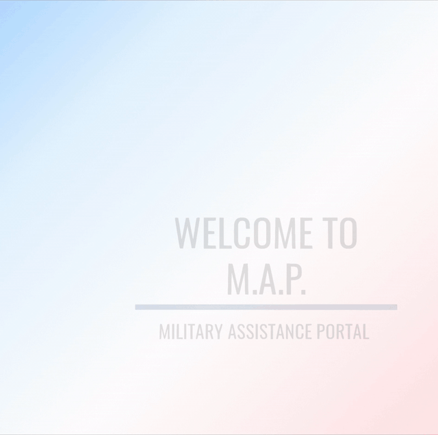 The M.A.P. logo shows two flip flops, red and blue ombre, next to "Welcome to M.A.P. Military Assistance Portal". The flip flops and text appear flowing upwards to the center of the screen with a pastel red, white, and blue background.