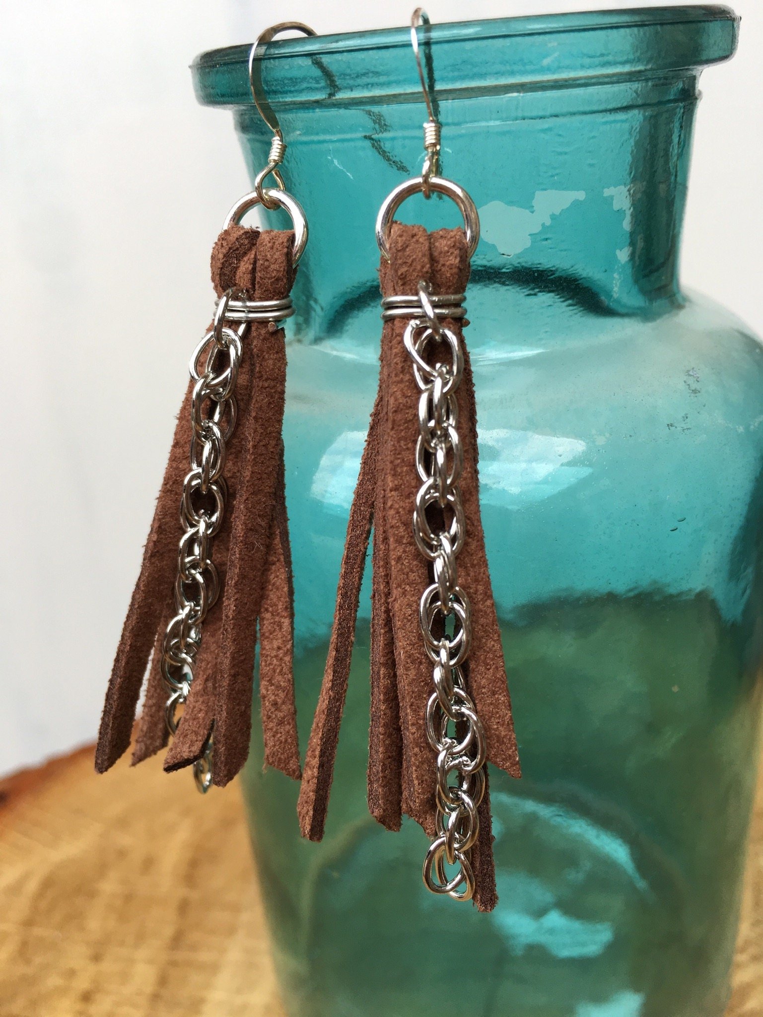 Long Leather Tassel Diffuser Earrings~ Brown Fringe Leather Earrings with Silver Chain~ Essential Oil Diffuser