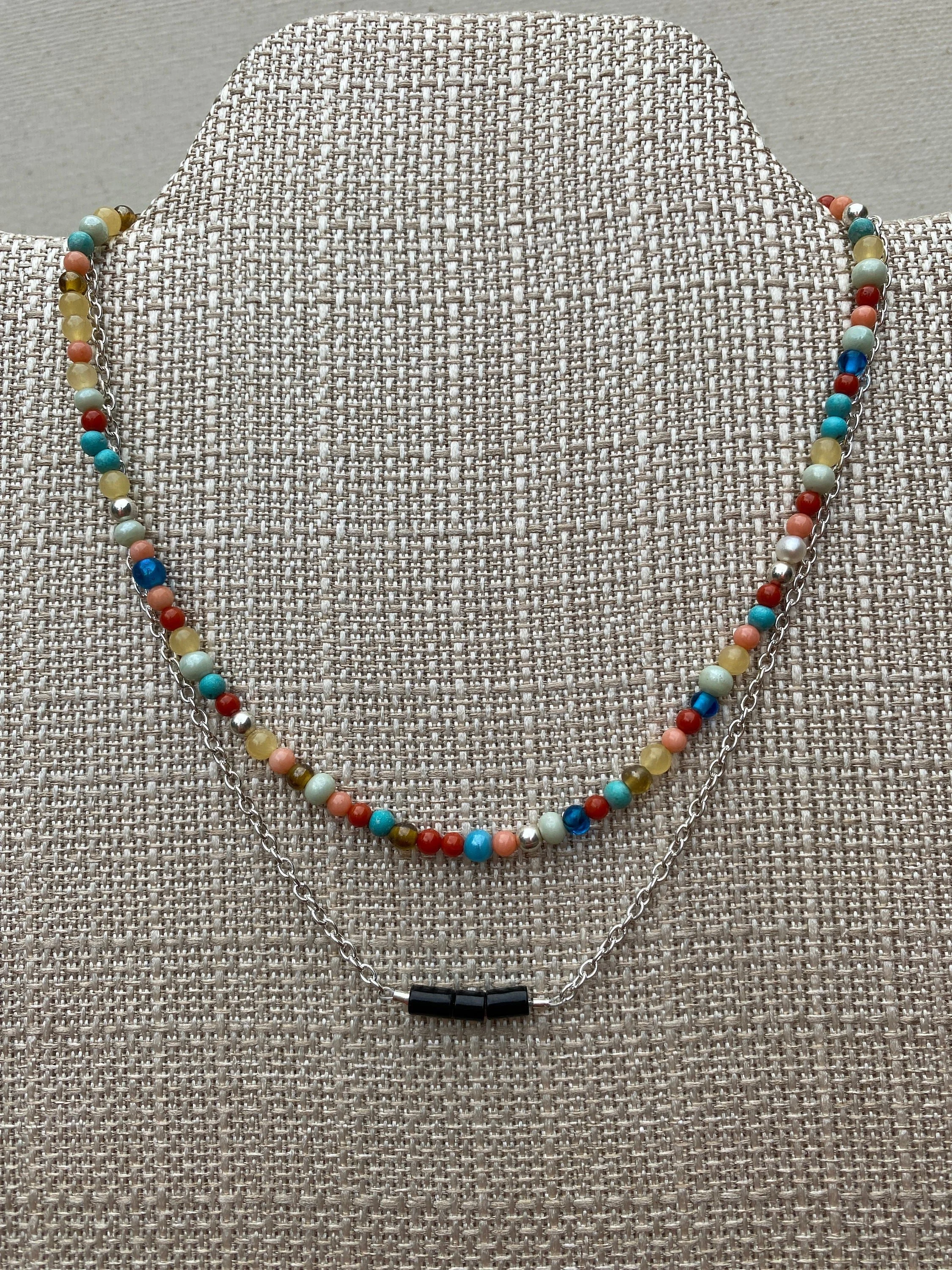 Seed Bead Silver Chain Double Strand Necklace~ Multicolored Rainbow~ Black Onyx~ Boho~ Beachy