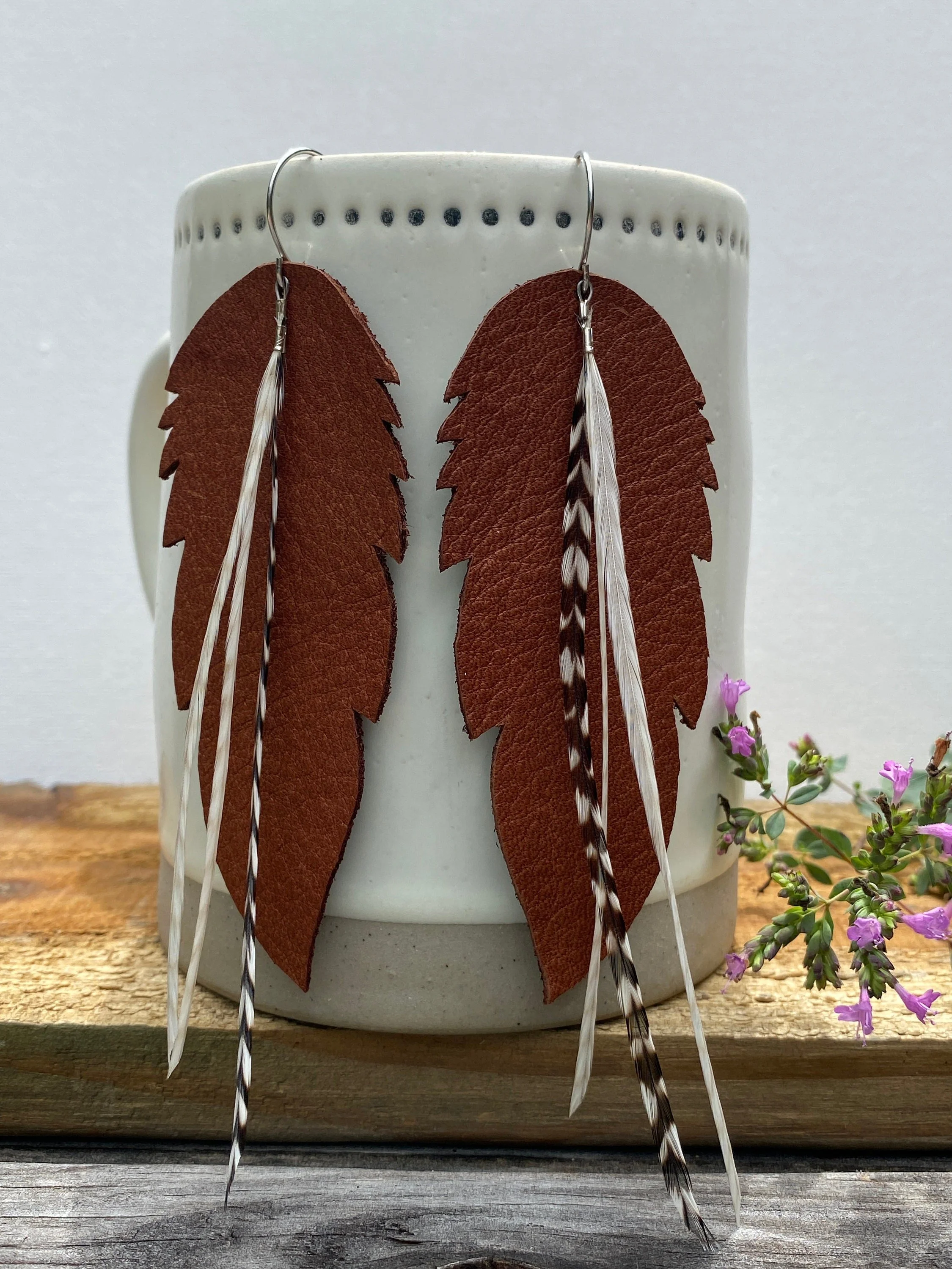 Diffuser Leather Boho Earrings~ Leather Feather Earrings~ Brown Leather, Silver & Feather Earrings