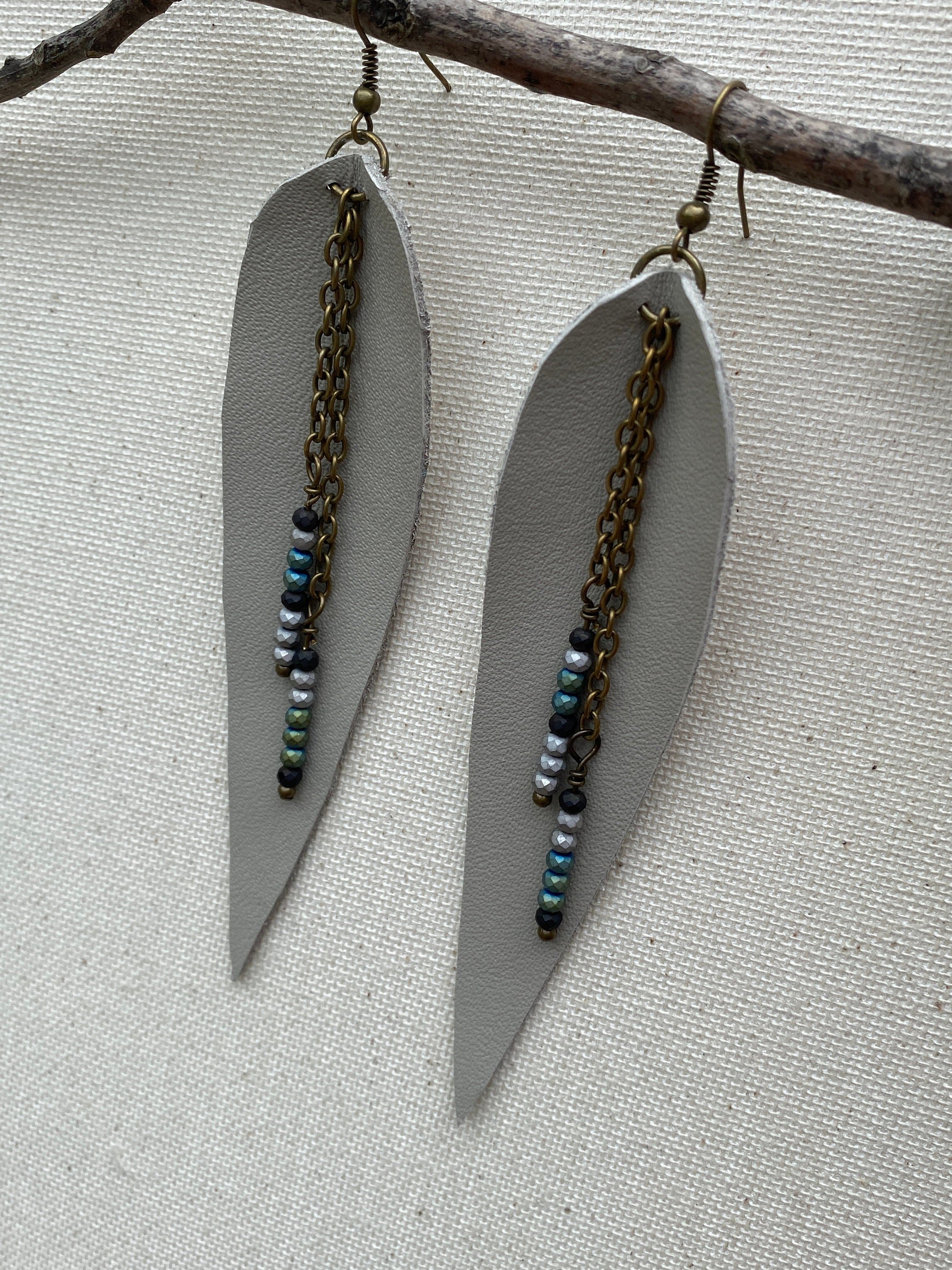 Long Leather Beaded Boho Earrings for Women~ Diffuser Leather Earrings~ Genuine Leather Leaf Earrings~ Pinch Leaf~ Gray Leather Earrings