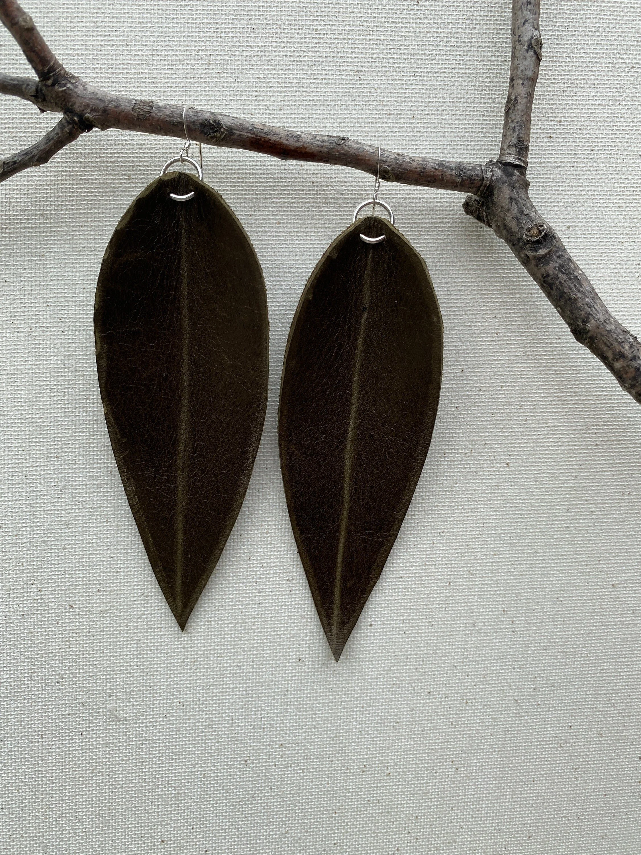 Diffuser Leather Earrings~ Leather Leaf Earrings~ Leather Petal Earrings~ Leather Pinched Leaf Earrings~ Pinch Leaf~ Green Leather Earrings