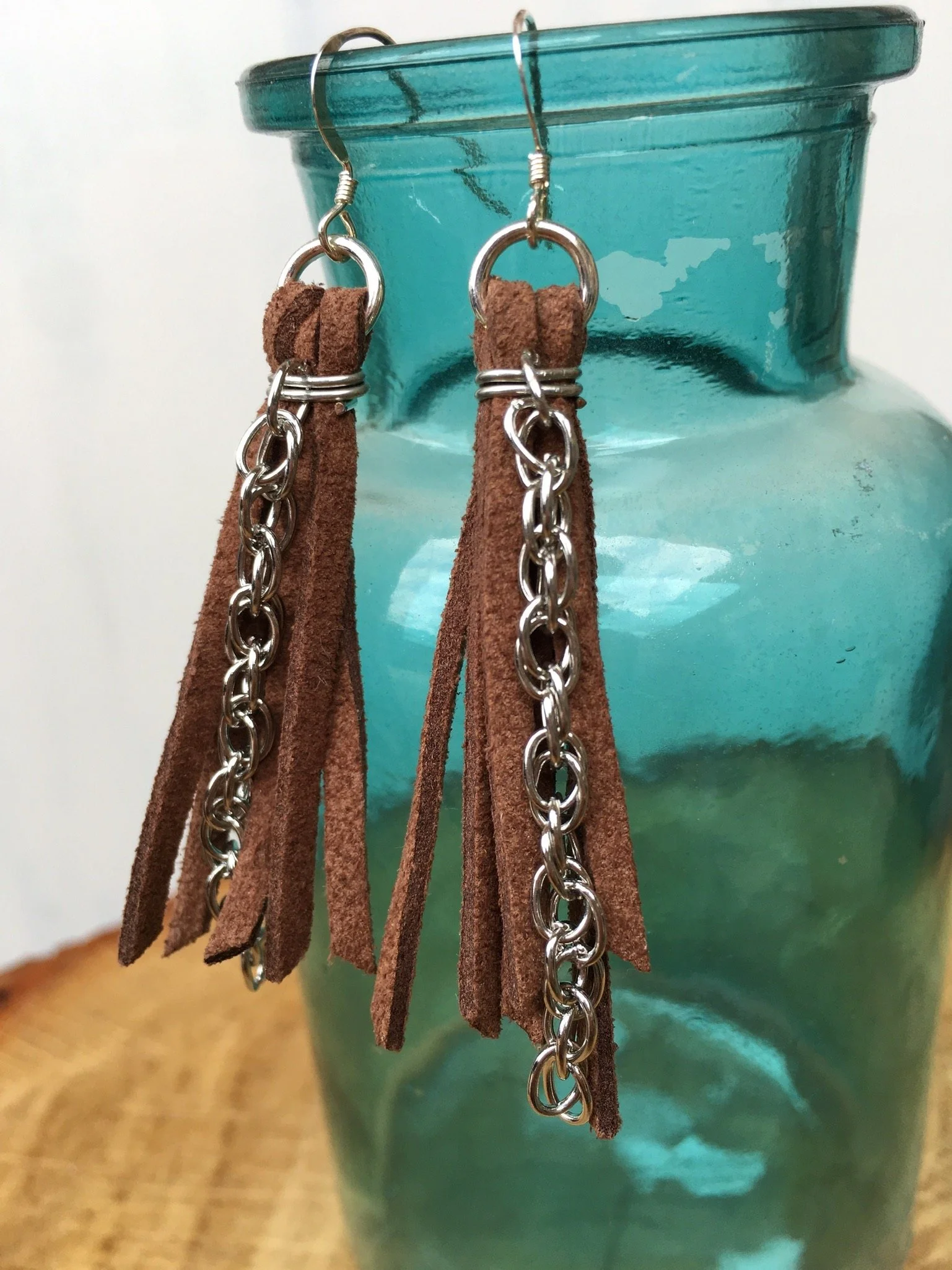 Long Leather Tassel Diffuser Earrings~ Brown Fringe Leather Earrings with Silver Chain~ Essential Oil Diffuser