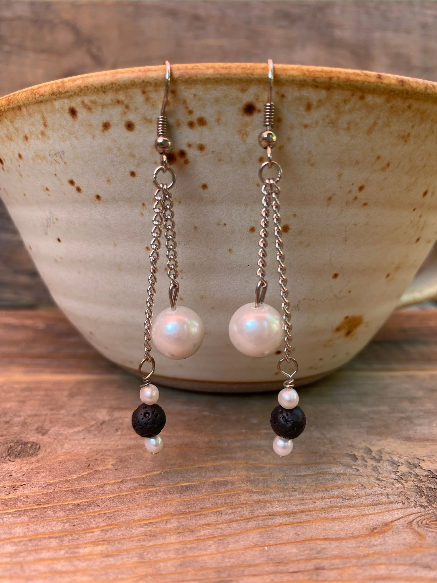 Pearl Drop Earrings~ Diffuser Earrings~Lava Beads~June Birthstone~Dangle Earrings
