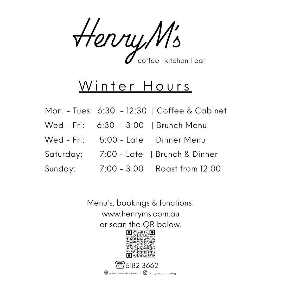 It's not winter yet but it is Autumn and we have tweaked our hours! Keep an eye out for our new food &amp; beverage menu's coming soon.