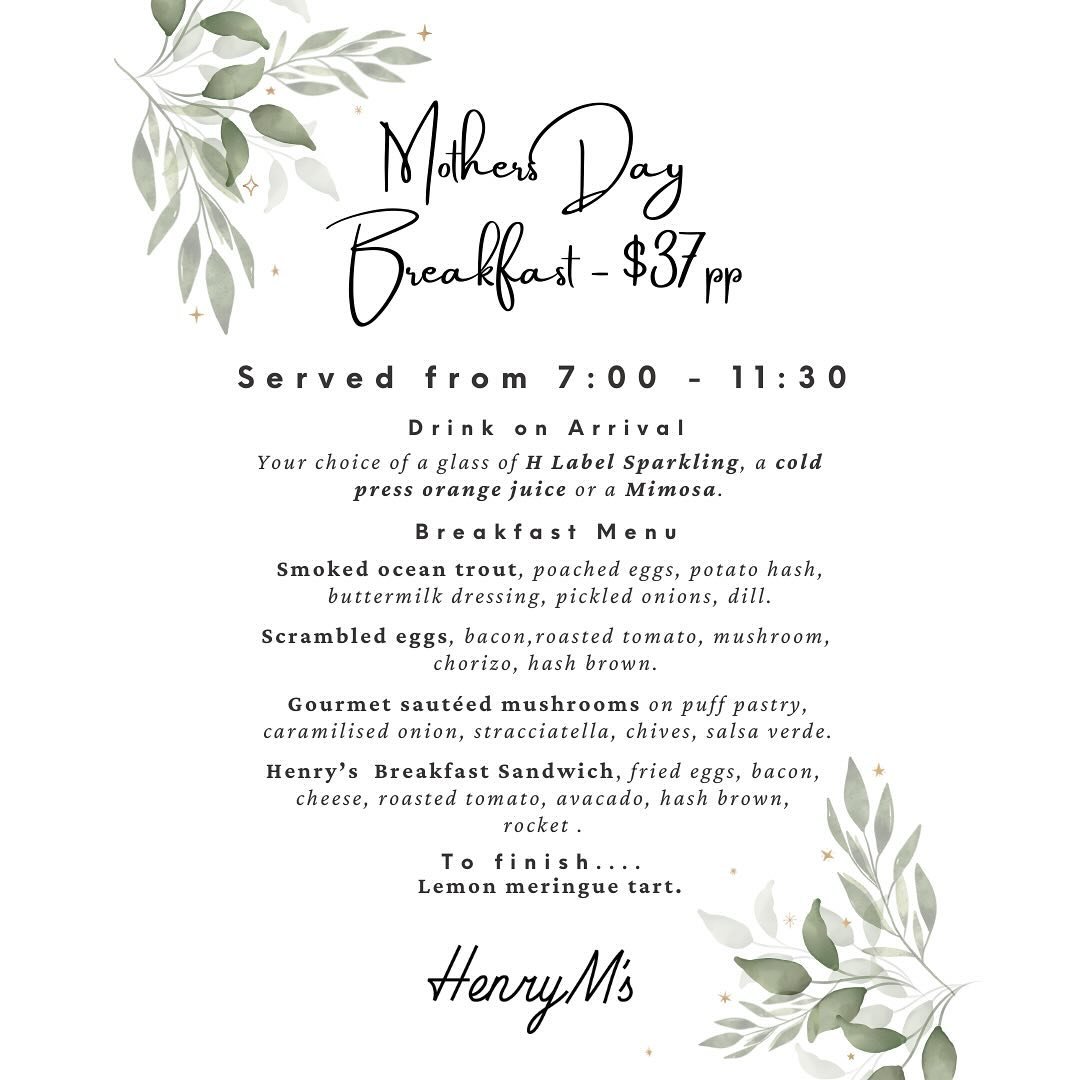 Treat Mum this Mother&rsquo;s Day with a beautiful breakfast or luxe High Tea at Henry&rsquo;s!

Bookings essential. GF options available. 

#mothersday #mothersday2024 #mothersdayideas