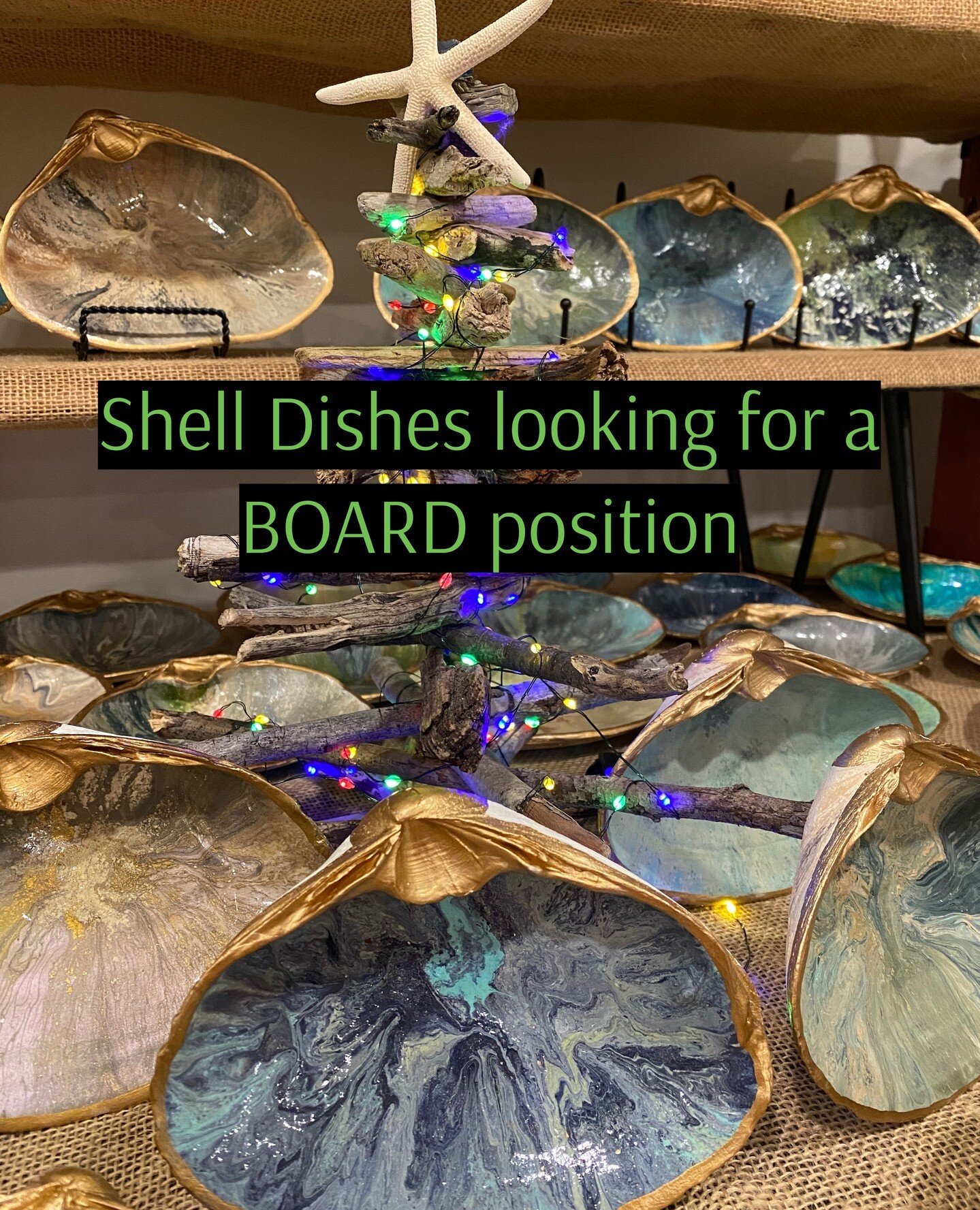 LJM Shell Dishes looking for a BOARD position!⁠
⁠
Upcycled and hand designed, these glorious South Shore quahog shells are unique dishes for your Holiday Charcuterie Board.  They are acrylic-poured, rimmed with gold leaf enamel, and shellacked for a 